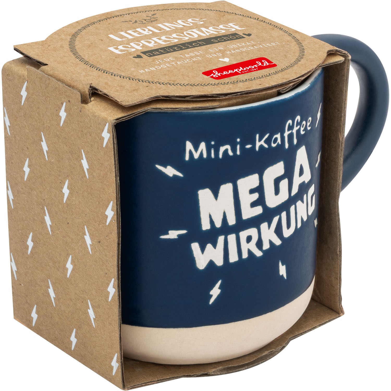 Dunkelblaue Espressotasse mit weißem Mega Wirkung Schriftzug und cremefarbenem Boden