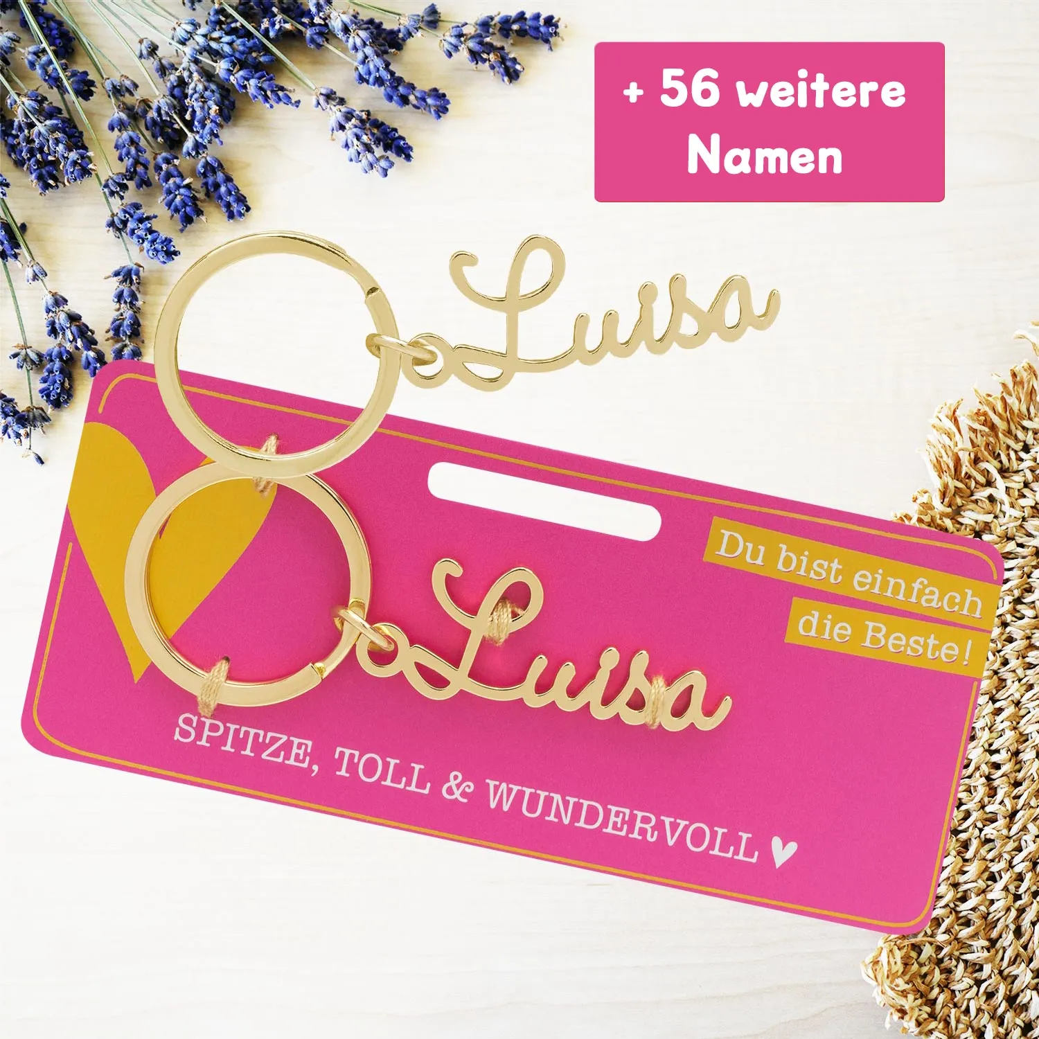 Goldener Namens-Schlüsselanhänger Luisa auf pinker Karte