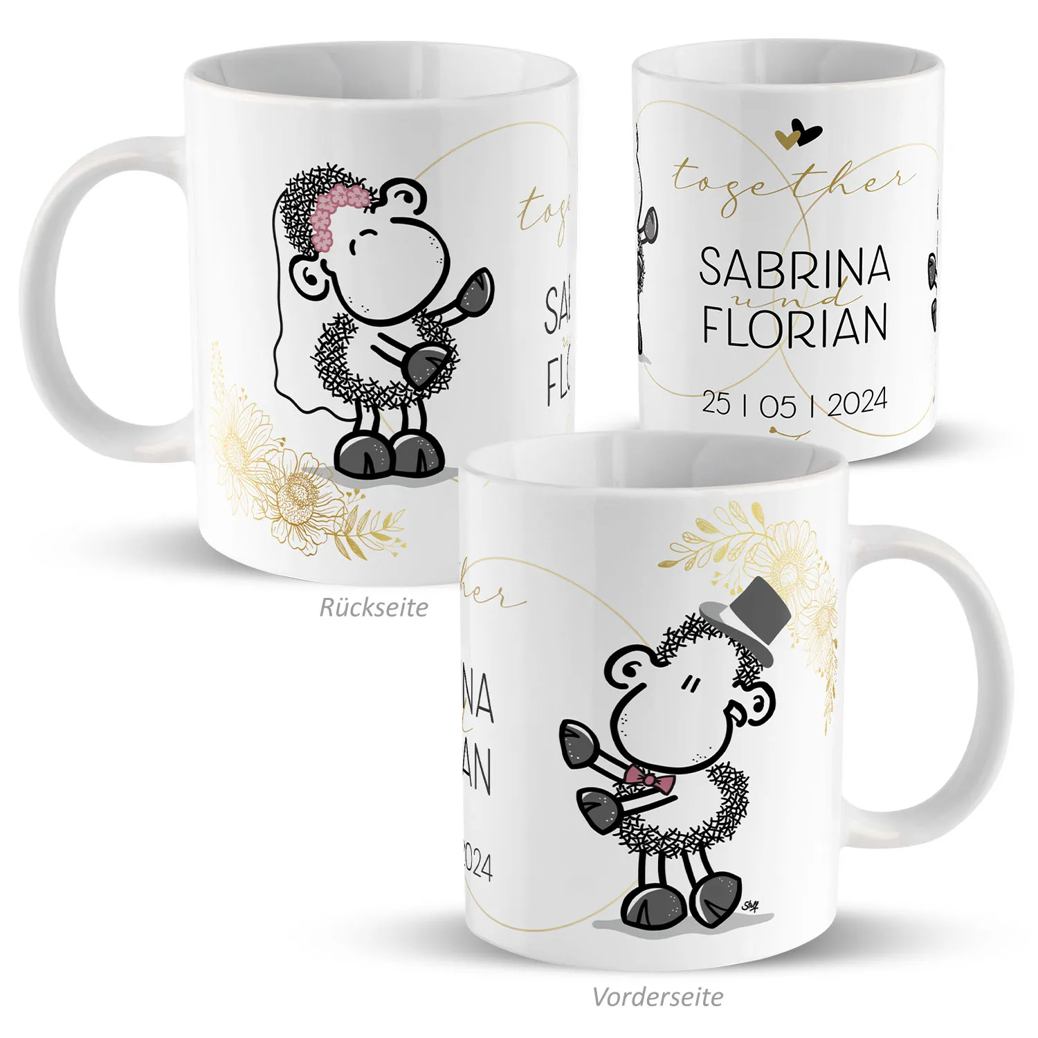 Weiße Porzellan-Tasse mit Schäfchen-Motiv, personalisiert mit Namen und Datum – Hochzeitsgeschenk