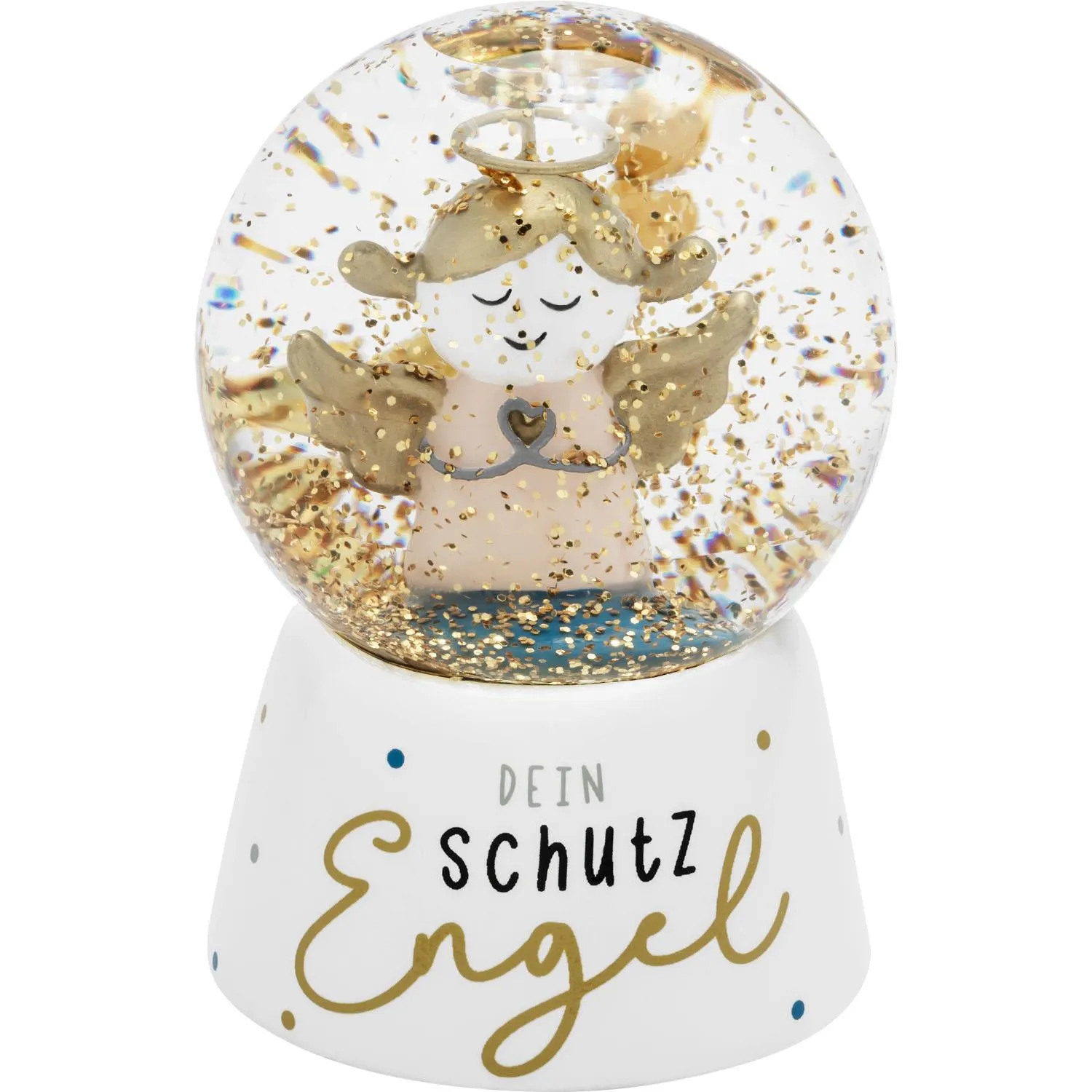 Schneekugel Engel aus Glas und Polyresin mit Goldglitzer, auf weißem Sockel
