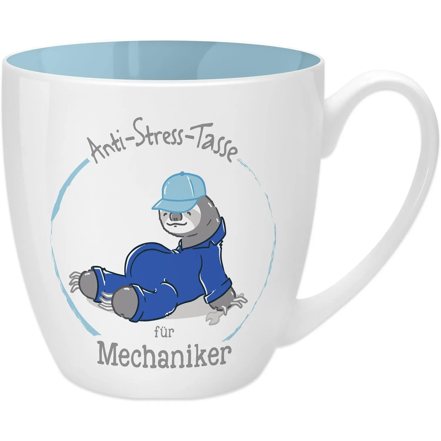 Weiße Bone China-Tasse mit blauem Innenraum und Mechaniker-Motiv.