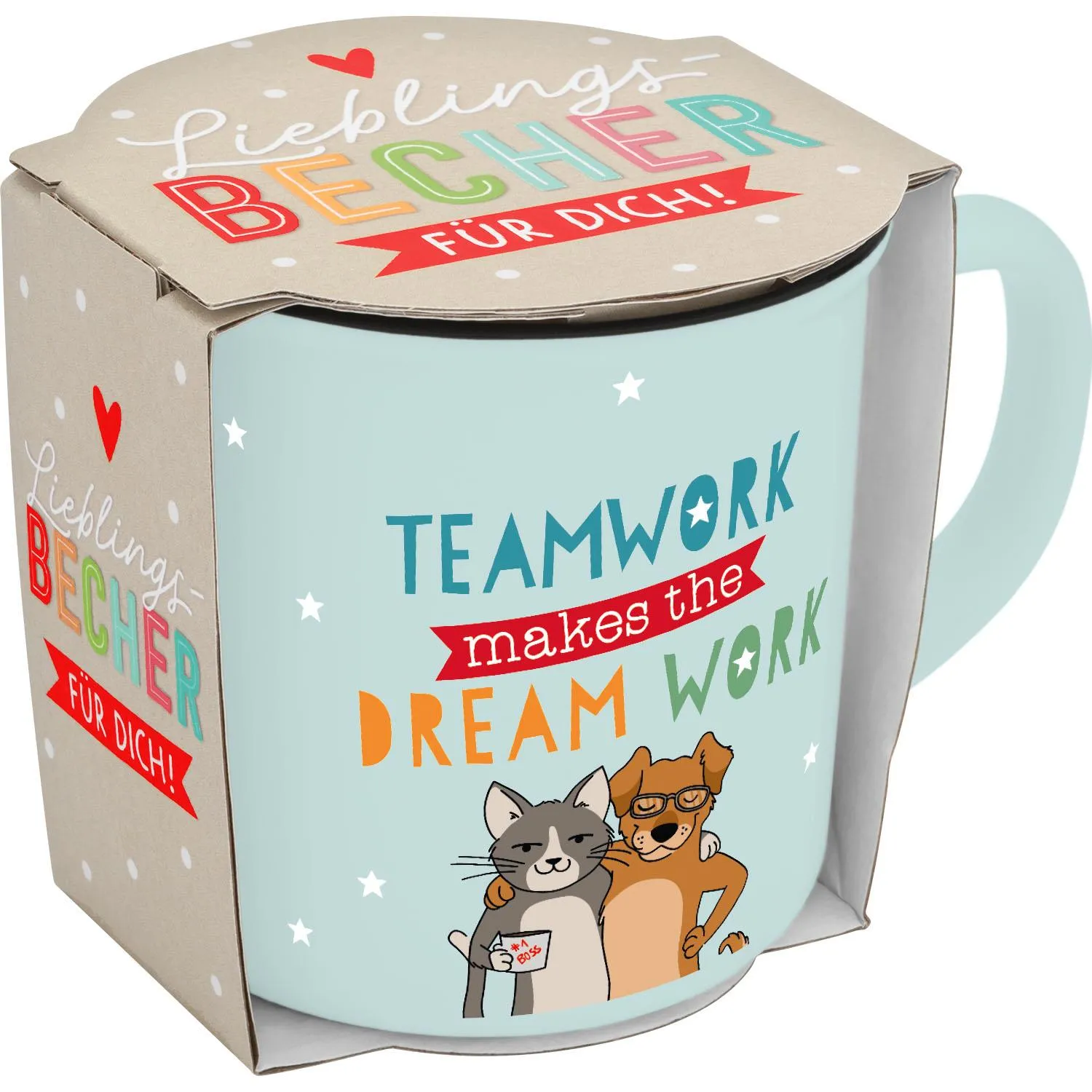 Hellblauer Becher mit Katzenmotiv und Teamwork-Slogan