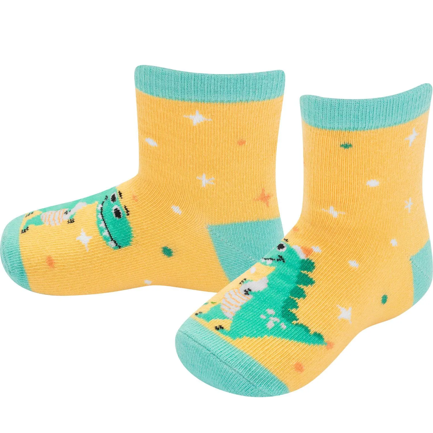 Gelb-orangefarbene Babysocken mit Dino-Motiv und Türkisdetails