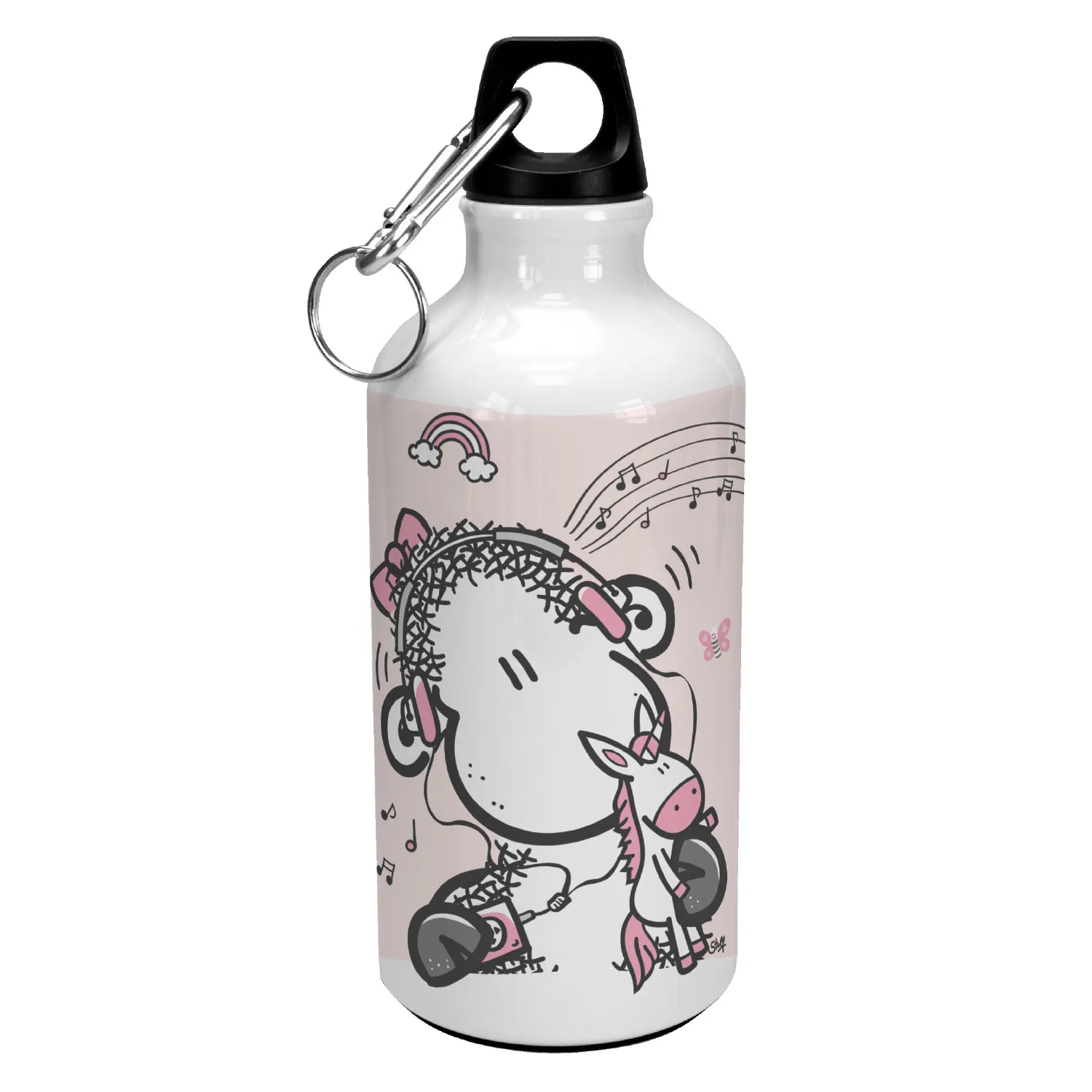 Weiße Aluminium-Trinkflasche mit rosa Motivgrafik eines Schafes und Einhorn, personalisierbar