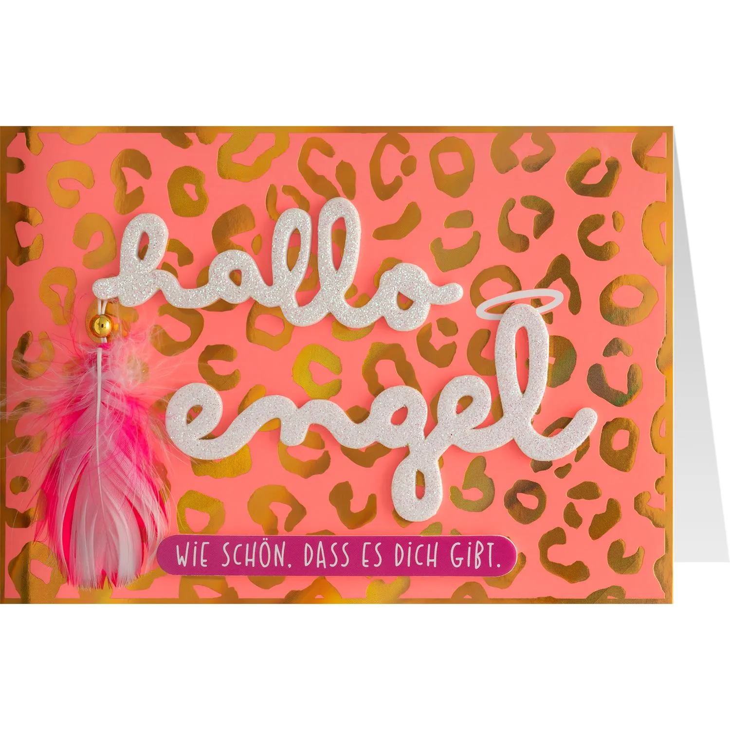 Pinke Grußkarte mit Leopardenmuster, Goldfolie und 'Hallo Engel'