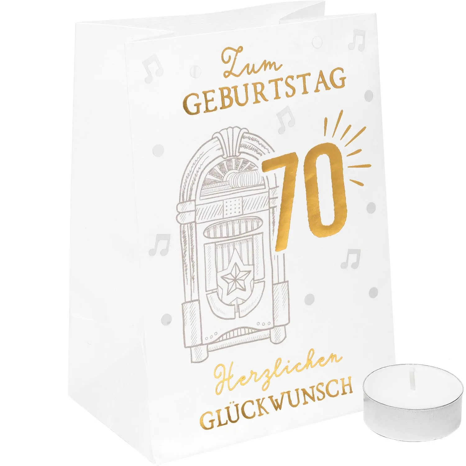 Weiße Lichttüte zum 70. Geburtstag mit goldenem 70-Motiv und Teelicht