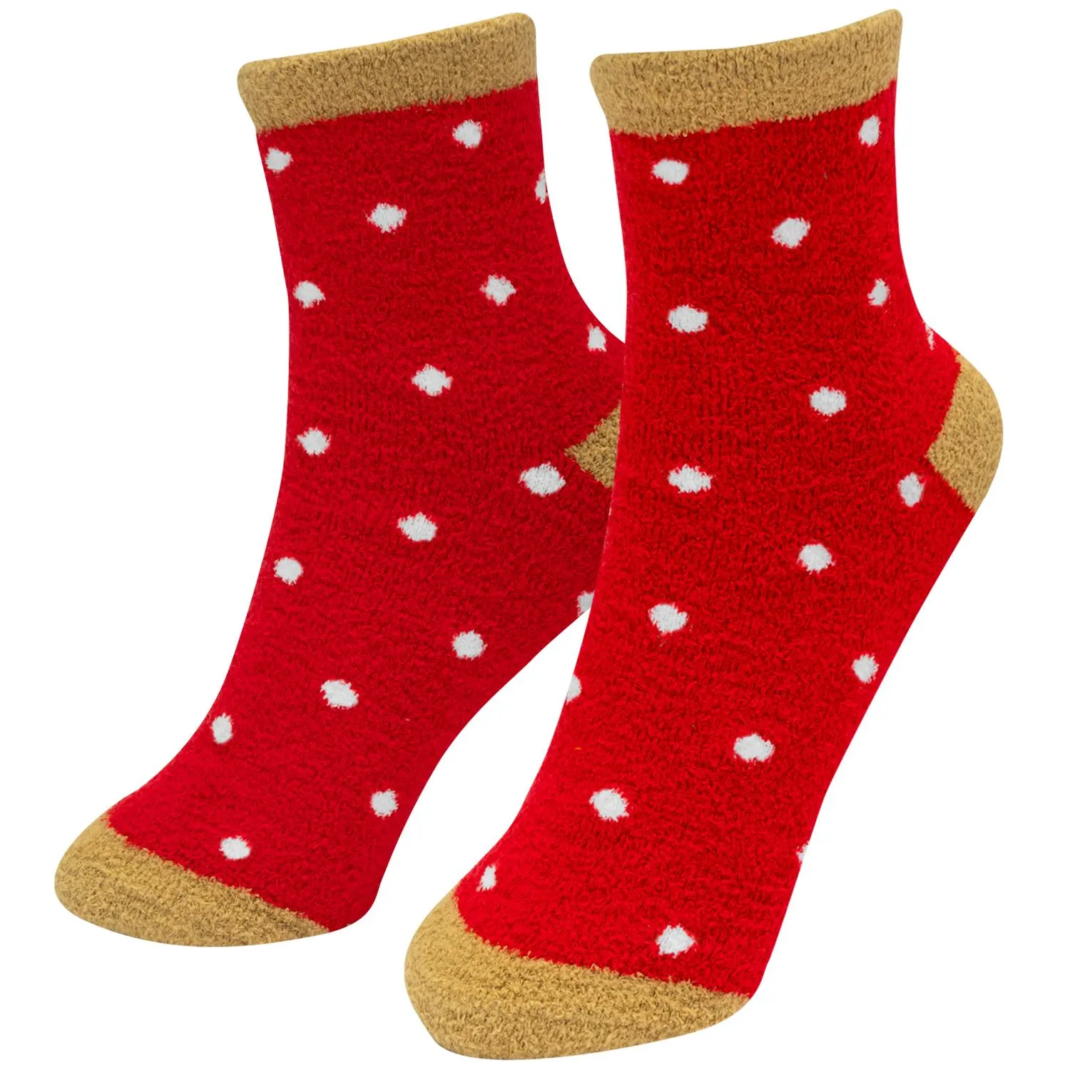 Rote Socken mit weißen Punkten, beigefarbene Fußspitzen und Fersen – kuschelig warm für kalte Wintertage.