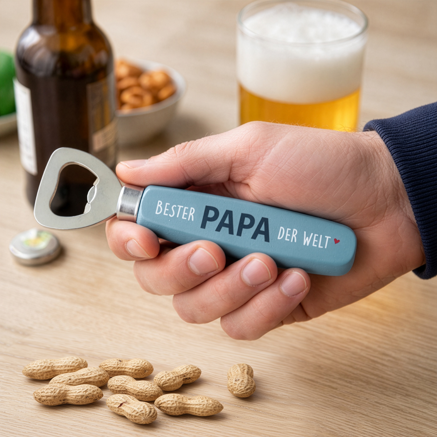 Blauer Flaschenöffner mit Schriftzug BESTER PAPA DER WELT und silbernem Kopf
