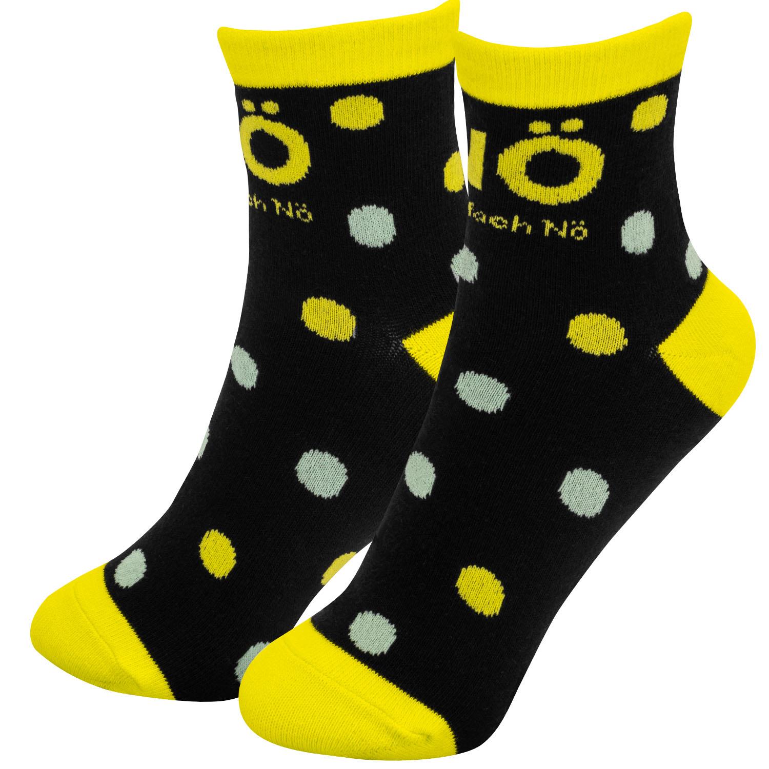 Schwarze Zaubersocken mit gelber Spitze und bunten Punkten, Größe 36-40, 24 cm
