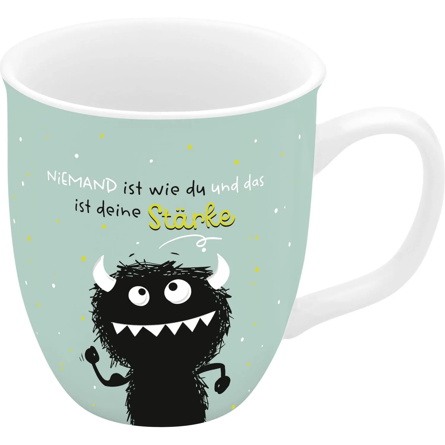 Espressotasse aus Porzellan in Pastellgrün mit Monster-Motiv und gelbem Schriftzug.
