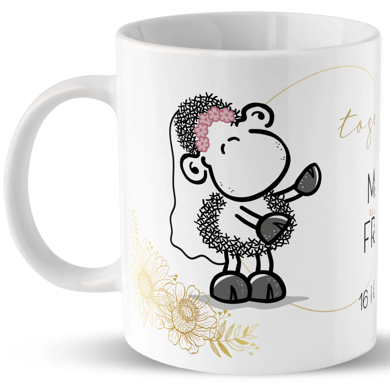 Weiße Porzellantasse mit schwarzem Schäfchen-Motiv und goldenen Blumenakzenten.