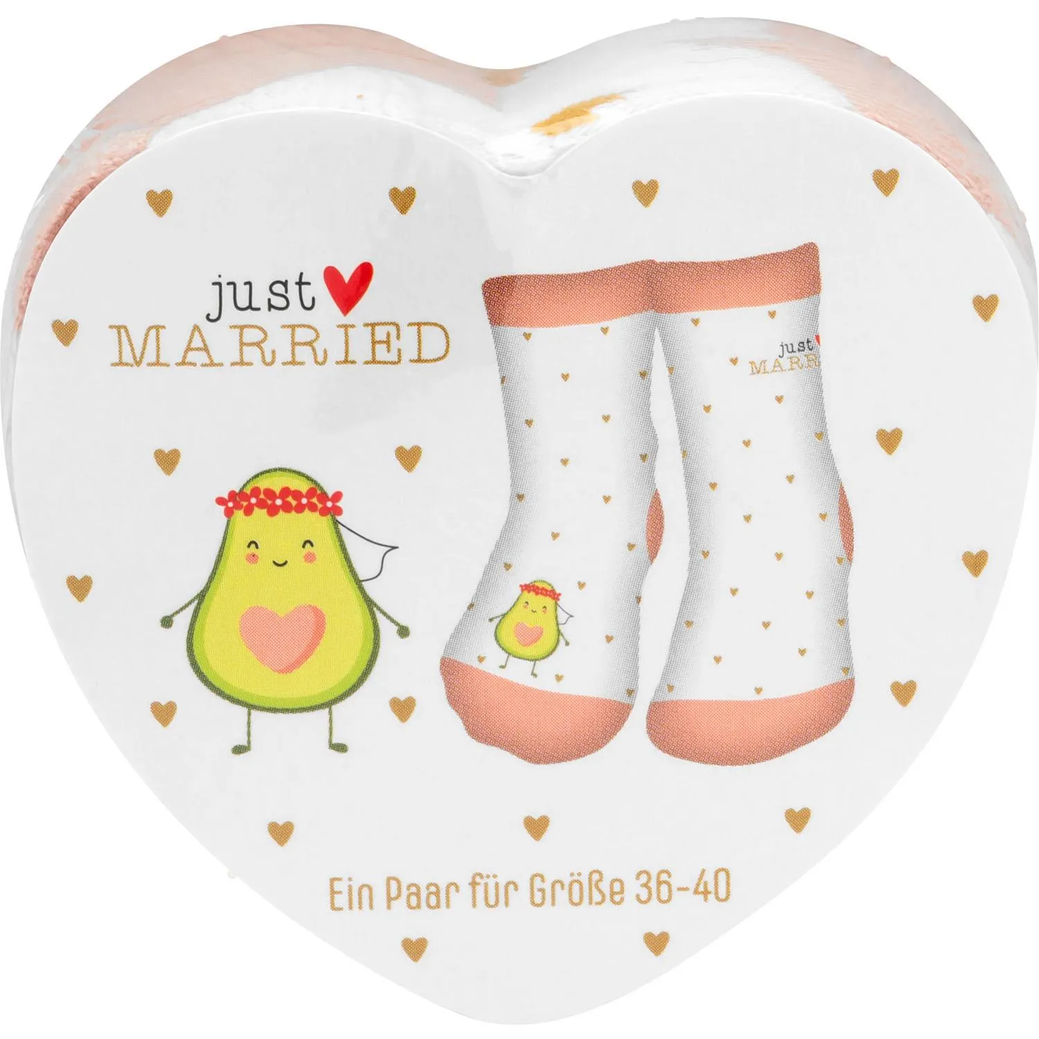 Just Married Zaubersocken-Set: zwei Paar weiße Socken mit Avocado-Motiv, Herzchen und goldener Schrift.