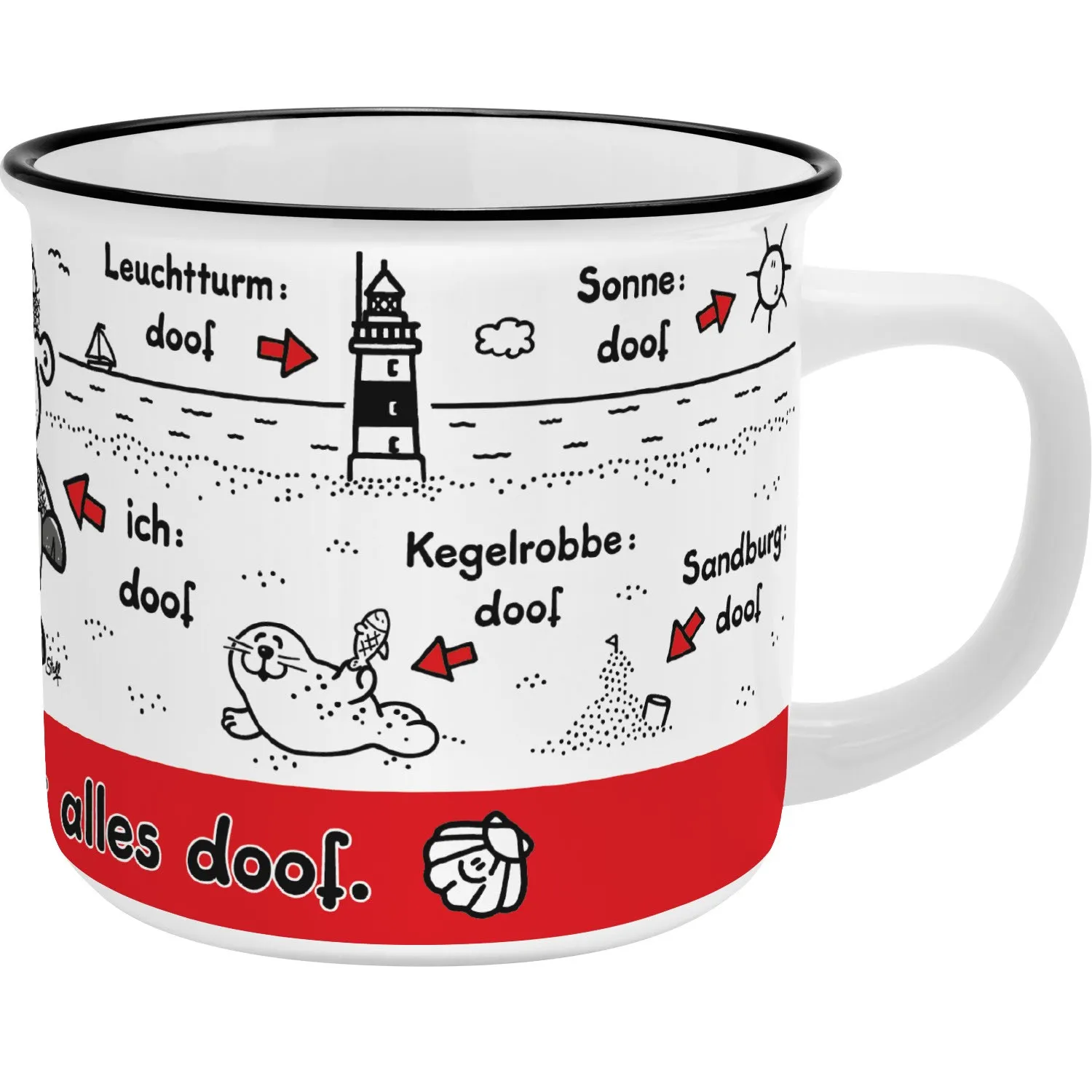Weiße Porzellan-Tasse mit maritimem Druck und rotem Band unten