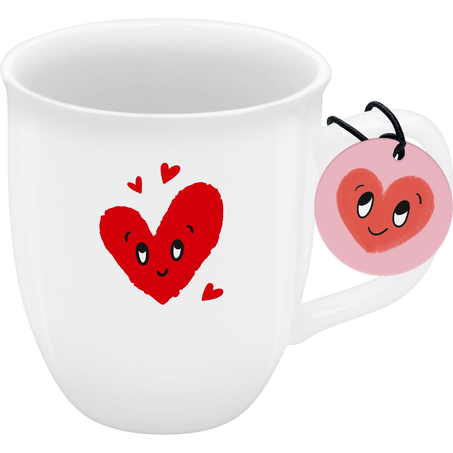 Weiße Porzellan-Espressotasse mit rotem Herz und rosa Anhänger