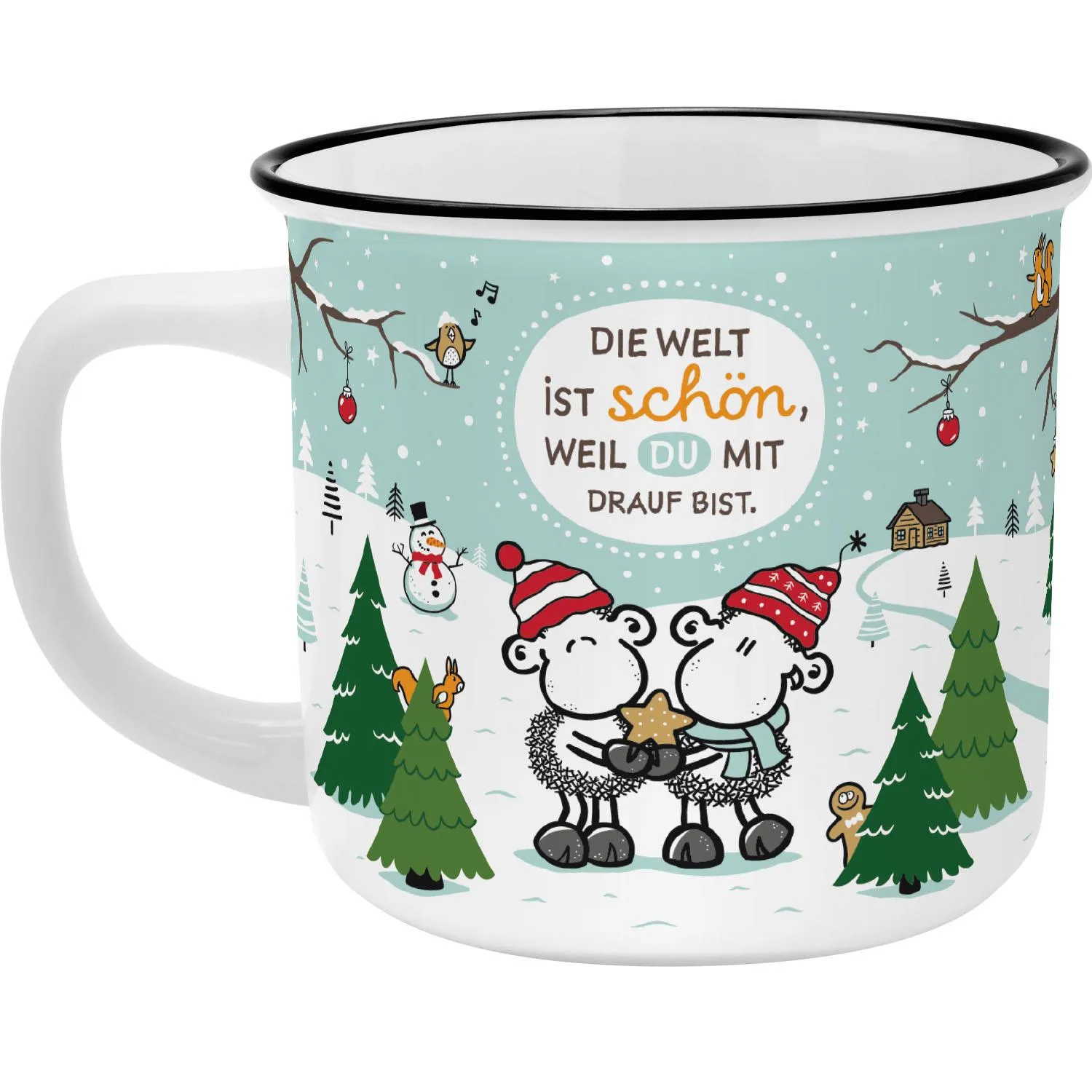 Becher »Welt« mit zwei Schafen in Winterlandschaft und Spruch