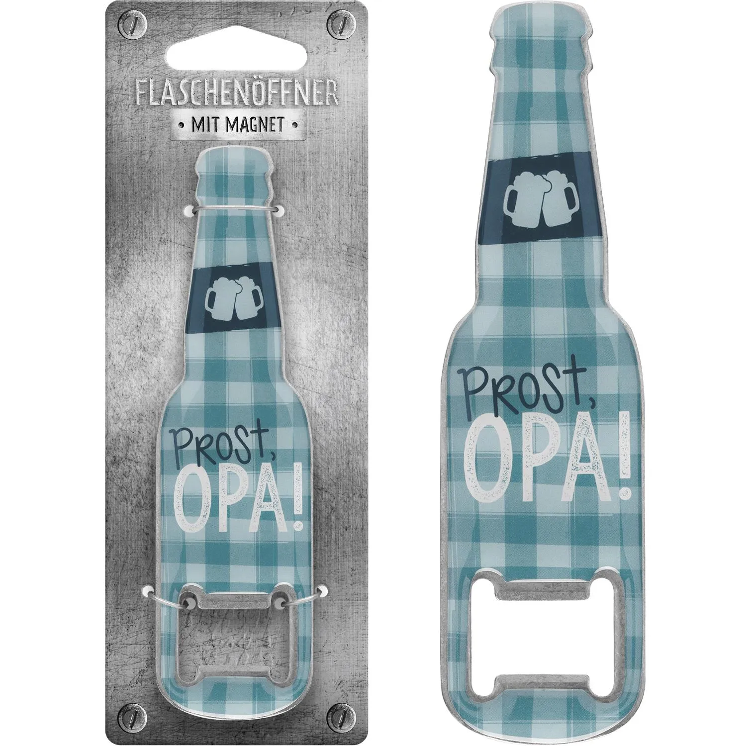 Türkis-blauer Flaschenöffner mit Magnet im Plaid-Muster, Prost Opa!