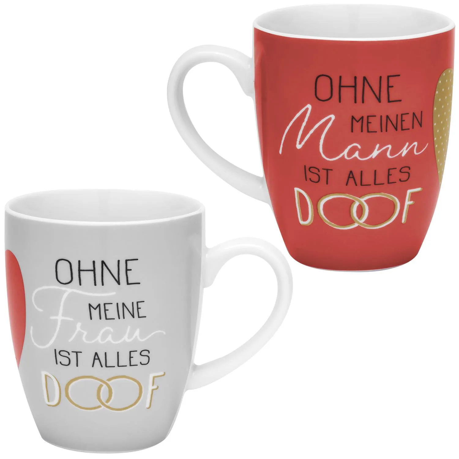 Set aus zwei Porzellan-Tassen mit Spruch und Trauring-Motiv