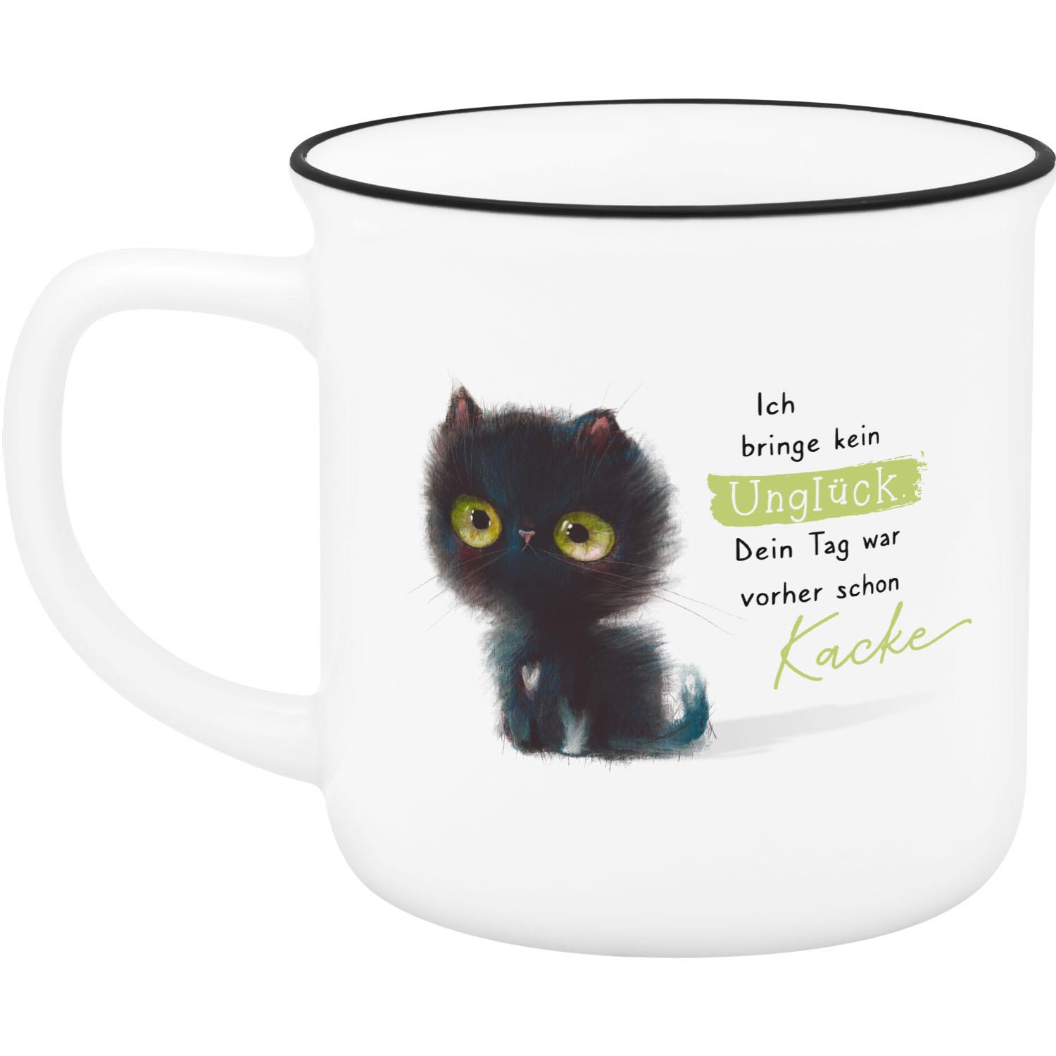 Weiße Becher-Tasse mit schwarzer Katze und grünem Spruch.