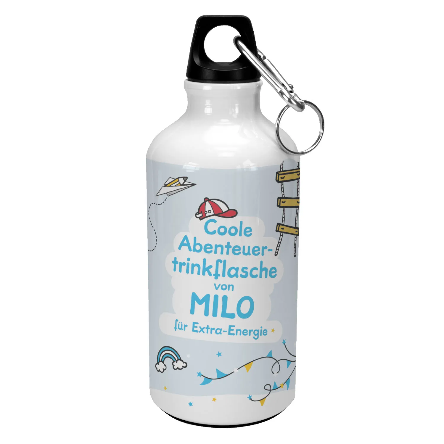 Personalisierte Alu-Trinkflasche für Jungen mit hellblauem Motiv und Namen