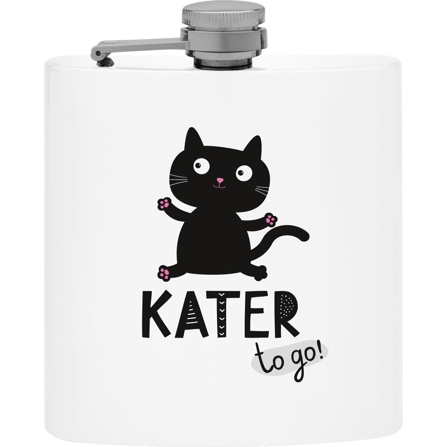 Weiße Edelstahlflasche mit schwarzer Katzenillustration und KATER to go-Text.