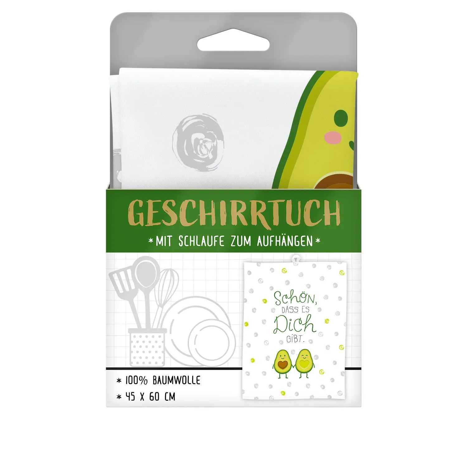 Weißes Baumwoll-Geschirrtuch mit grünem Motivdruck und Aufhängeschlaufe