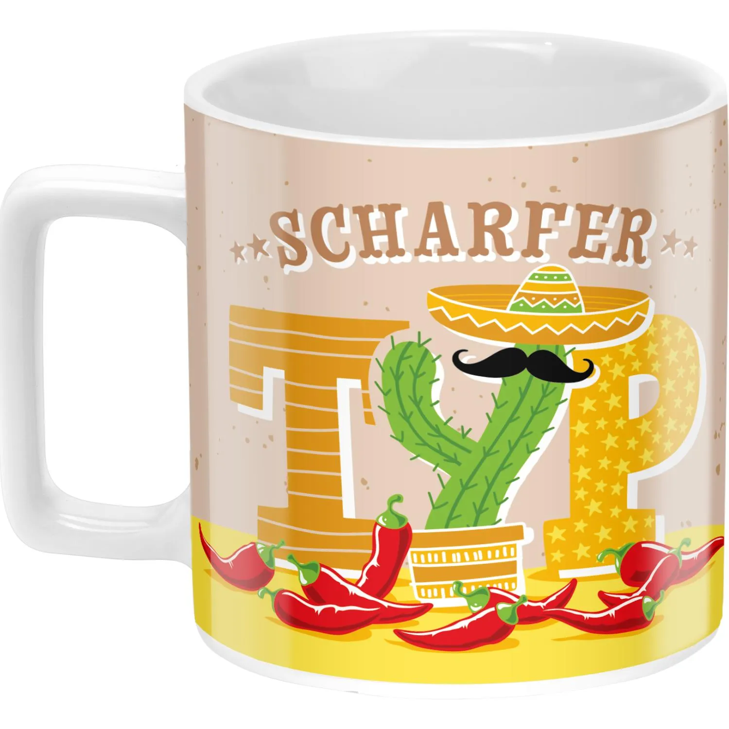 Porzellan-Tasse mit Kaktus-Sombrero-Motiv und Schnurrbart