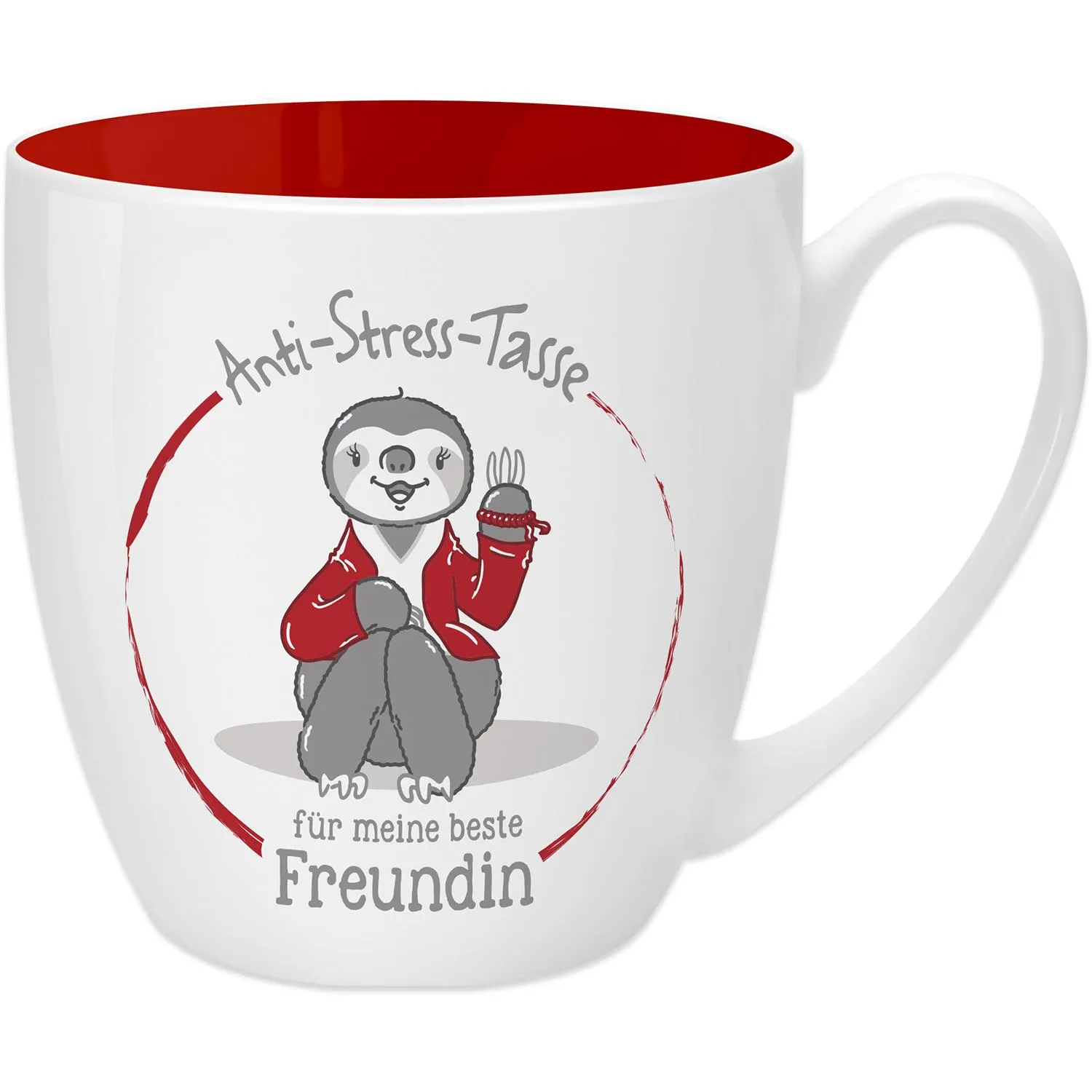 Weiße Tasse mit rotem Innenraum, Faultier-Motiv und Text 'Anti-Stress-Tasse' für meine beste Freundin.