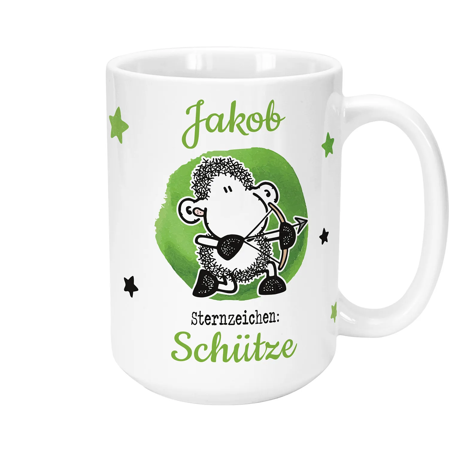 Weiße Keramiktasse mit grünem Kreis, Schaf mit Bogen, Name Jakob, Sternzeichen Schütze