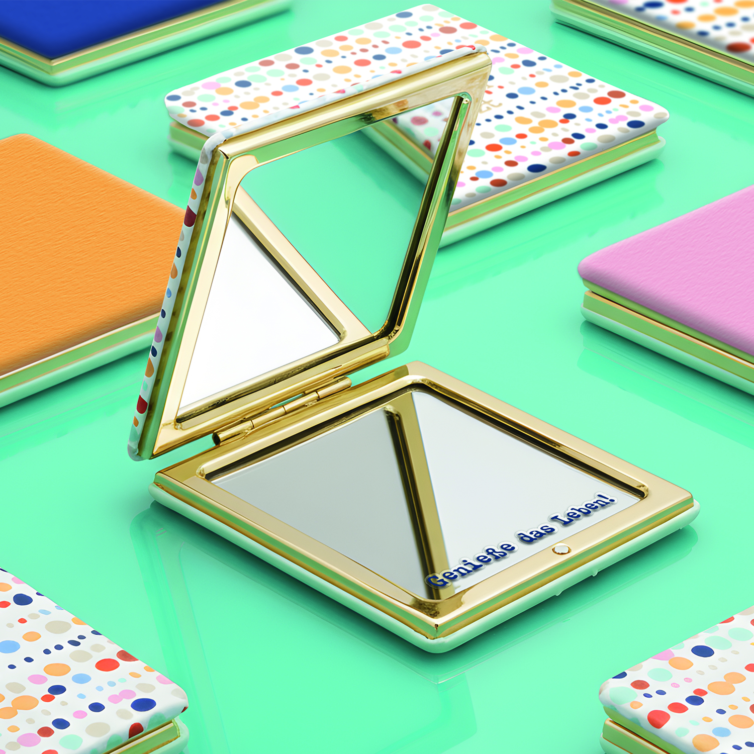 Kleiner Taschenspiegel mit goldenen Rahmen, Polka-Dot-Hülle und Geschenkbox
