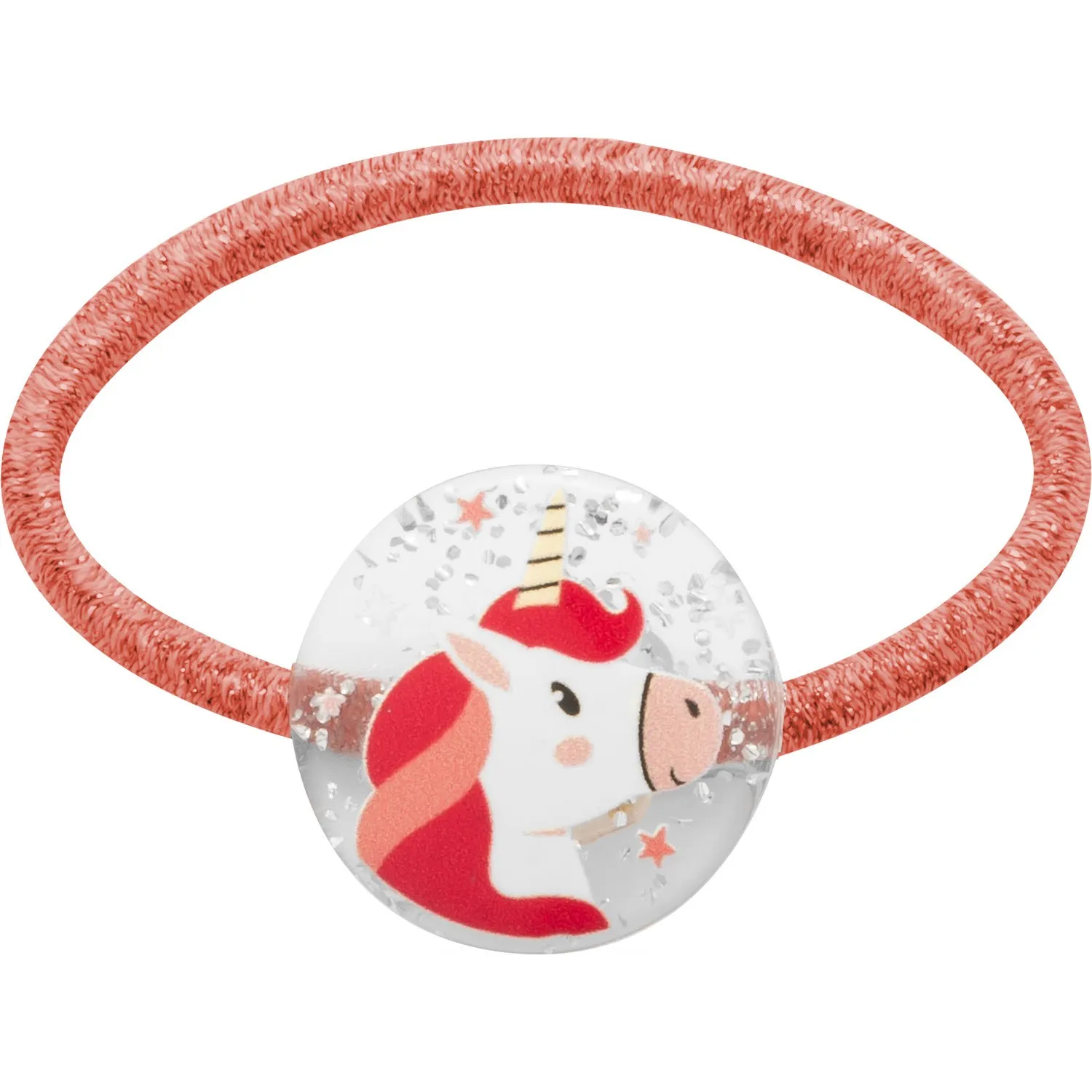 Rosa Haargummi mit Unicorn-Anhänger, durchsichtigem Motiv und Glitzer