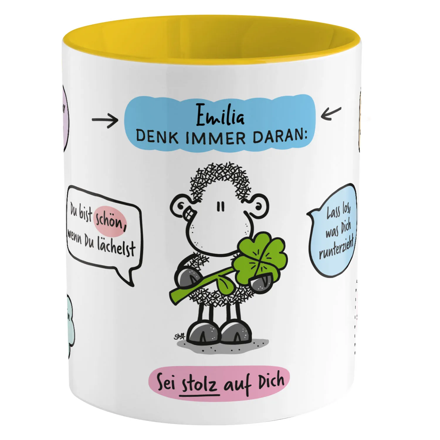 Personalisierte Porzellantasse mit gelber Innenseite, Schaf-Motiv und Name Emilia