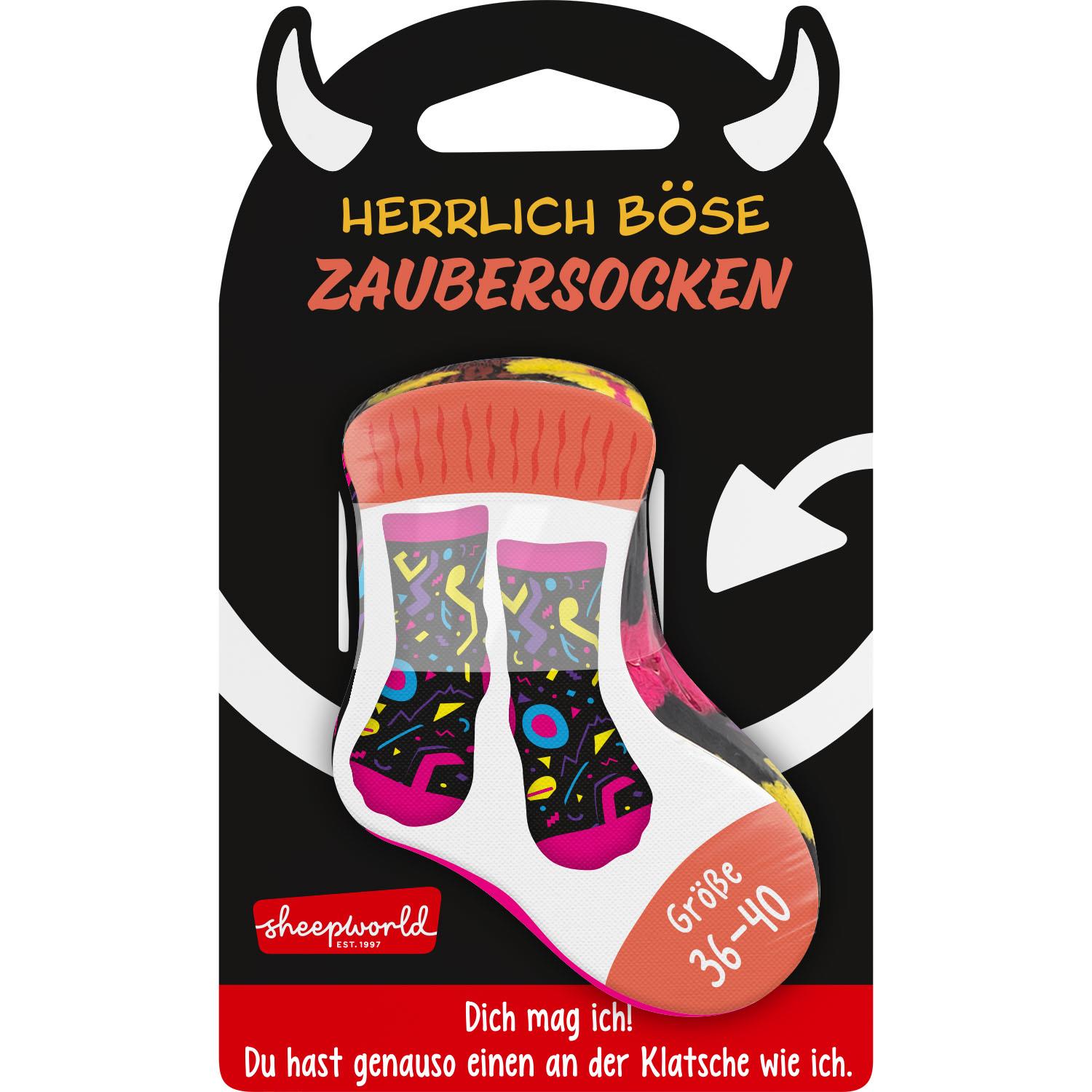 Bunte Zaubersocken »Klatsche« mit farbigem Muster, Größe 36-40, auf schwarzer Verpackung.