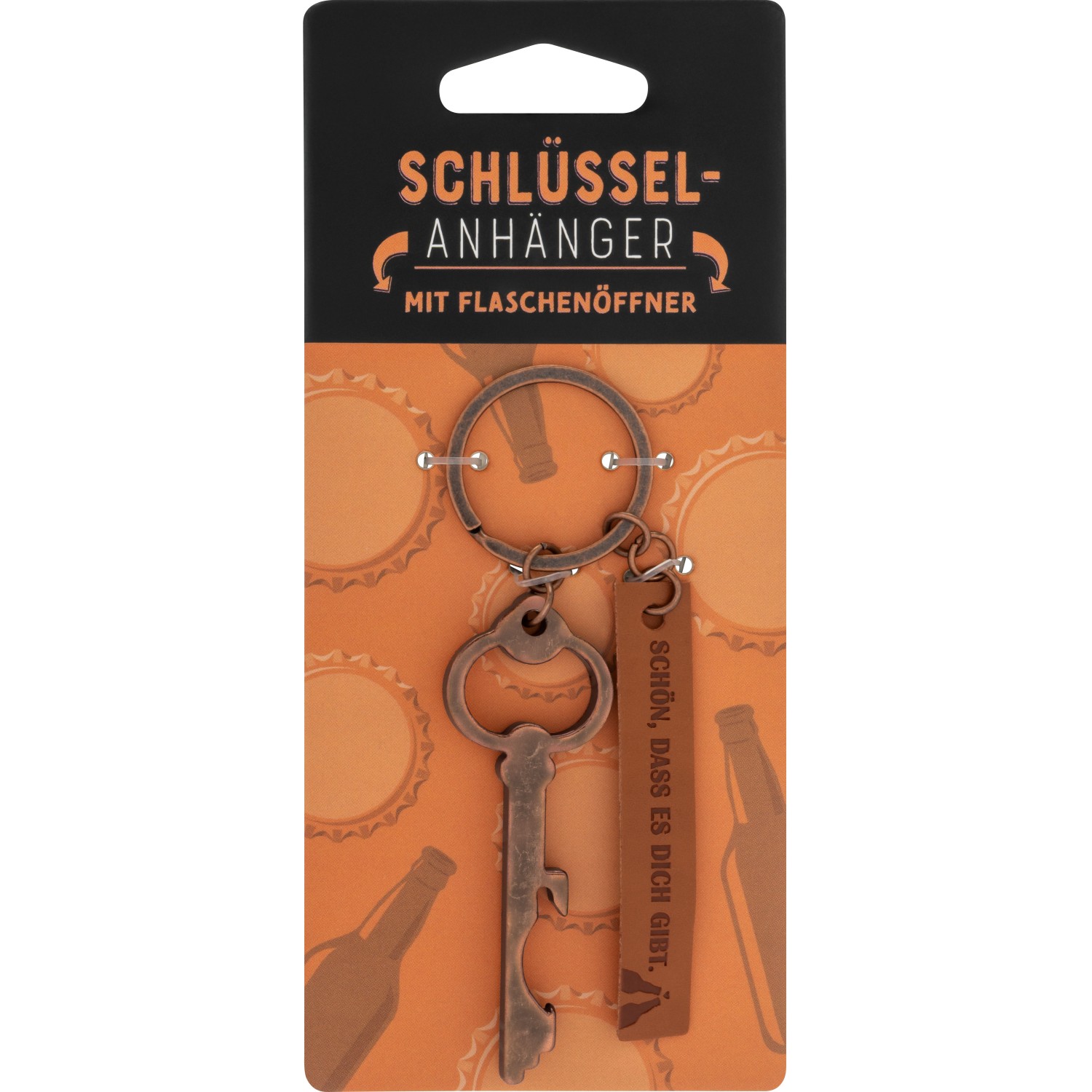 Bronzefarbener Schlüsselanhänger mit Flaschenöffner und Lederanhänger