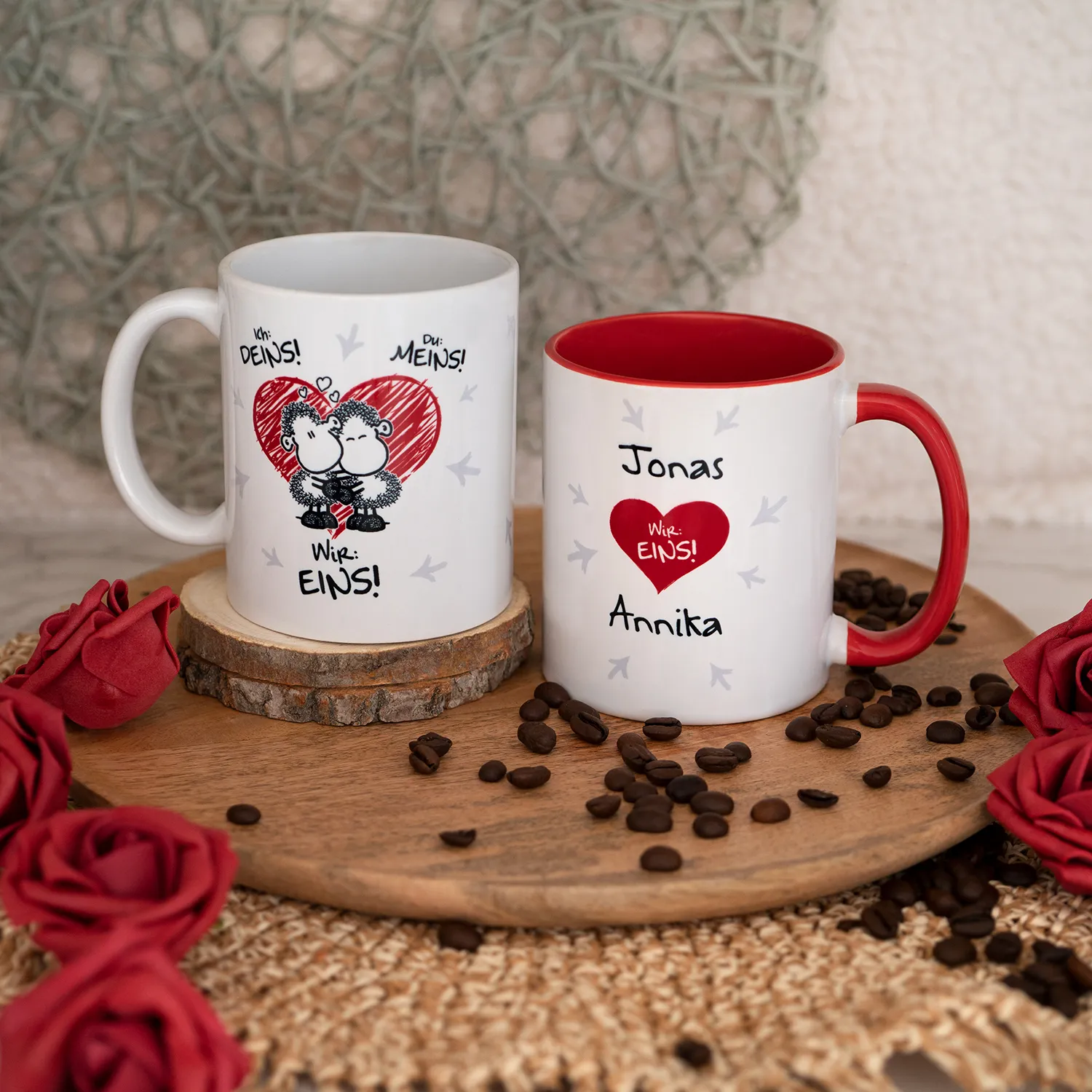 Tasse für Paare »Ich: Deins! Du: Meins! Wir: EINS!« mit Namen des Paares, weiß, personalisiert