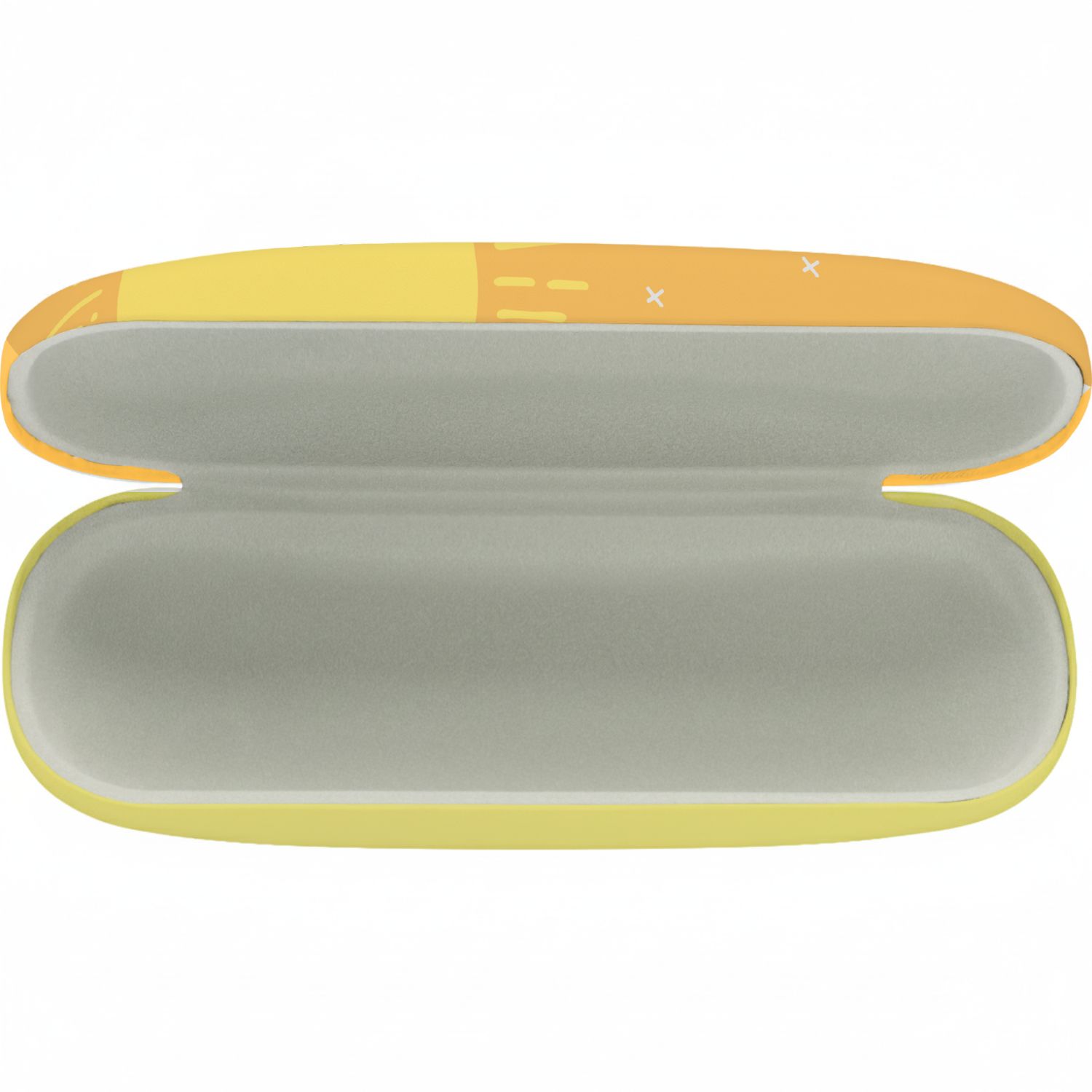 Gelb-Orange Hartplastik-Brillenetui, geöffnet, graues Innenfutter, fröhliches Schaf-Design.