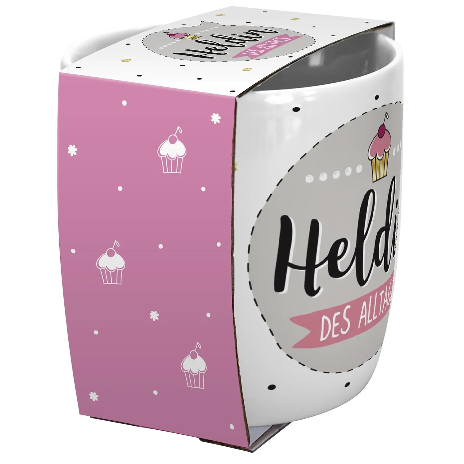 Weiße Porzellan-Tasse mit goldener Innenseite und Heldin-des-Alltags-Aufdruck