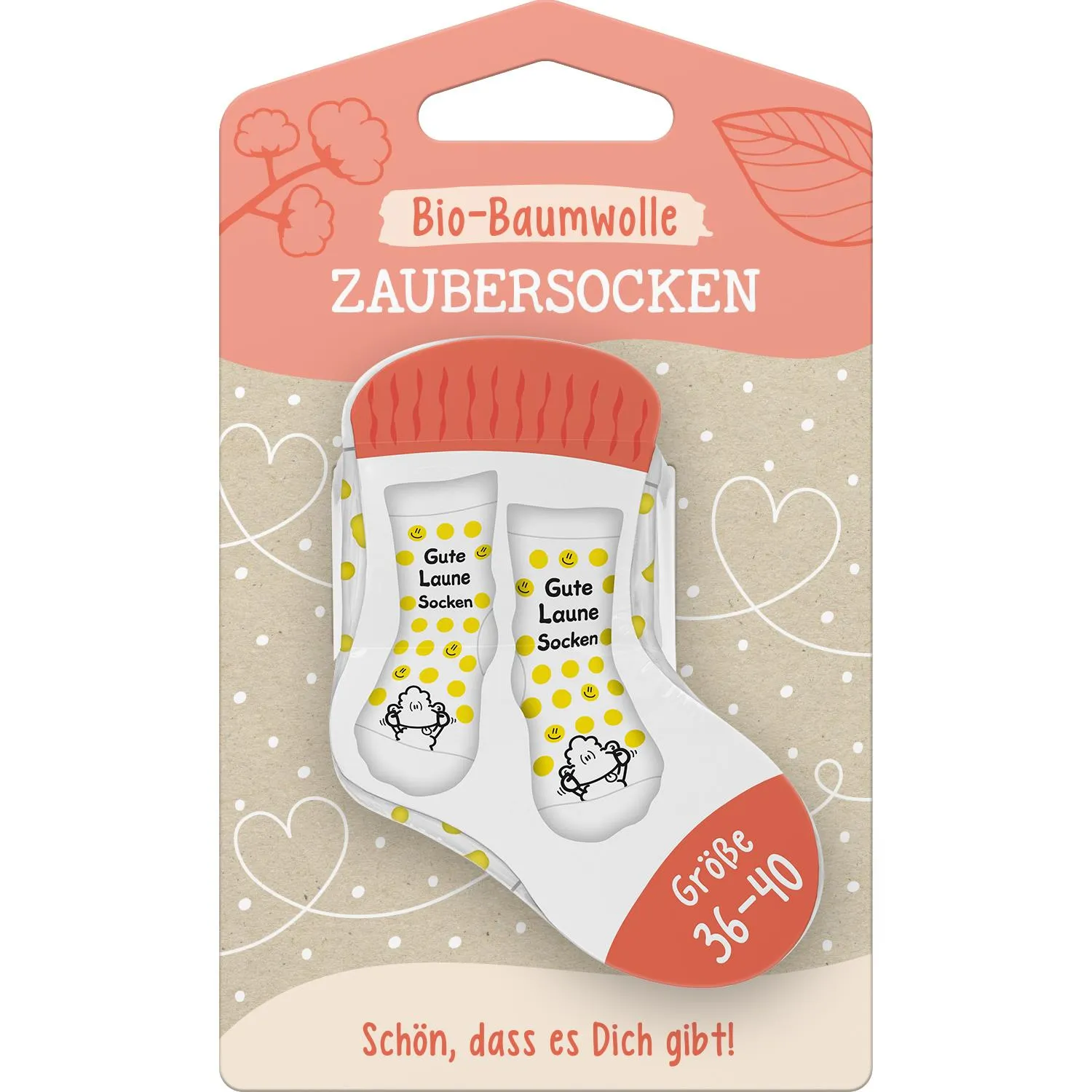 Bio-Baumwoll-Zaubersocken mit gelben Punkten und Gute-Laune-Motiv