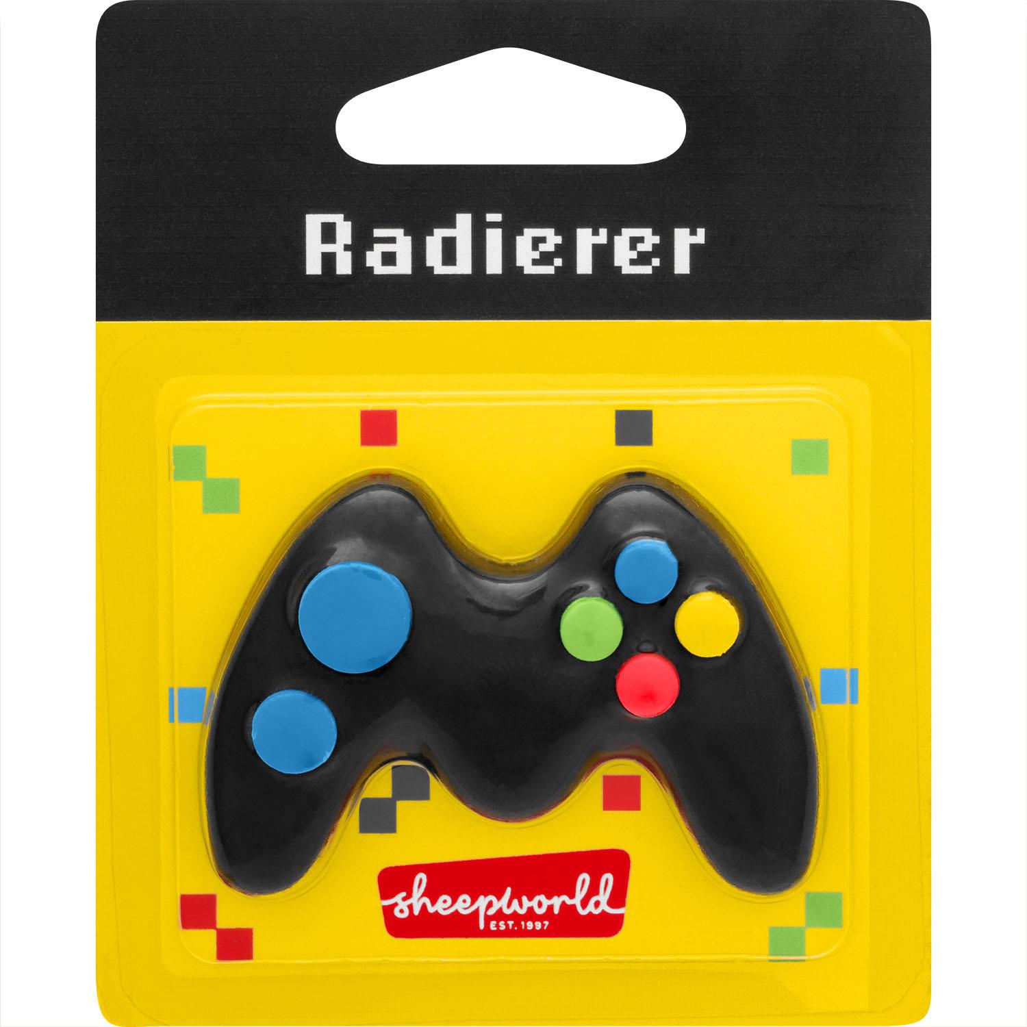 Radierer im Gamecontroller-Design auf gelber Verpackung – perfekt fürs Mäppchen.