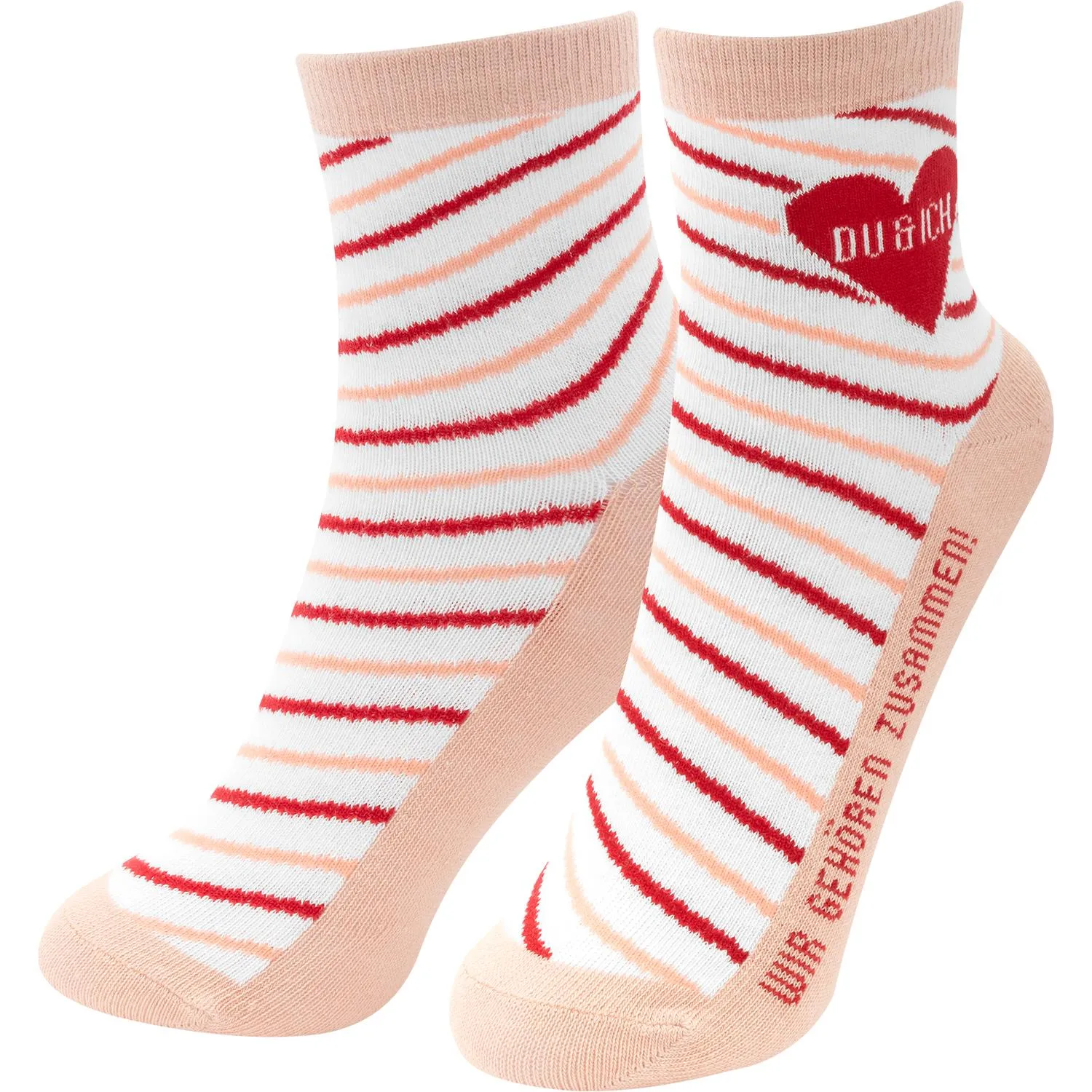 Zaubersocken »Du & Ich« mit Herzmotiv und Streifen in Rot/Pfirsich