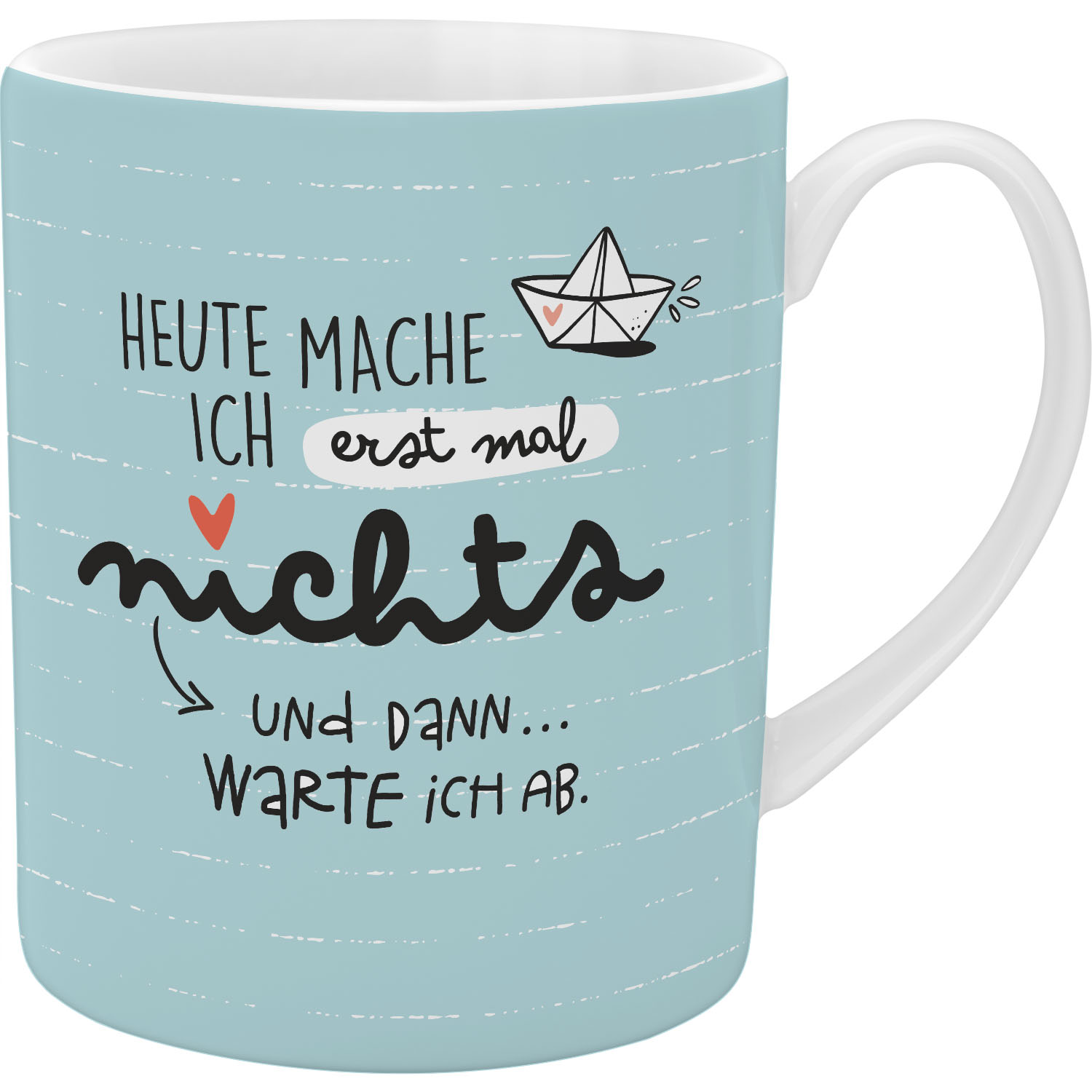 XL-Tasse in Pastellblau mit Spruch und Papierboot-Illustration