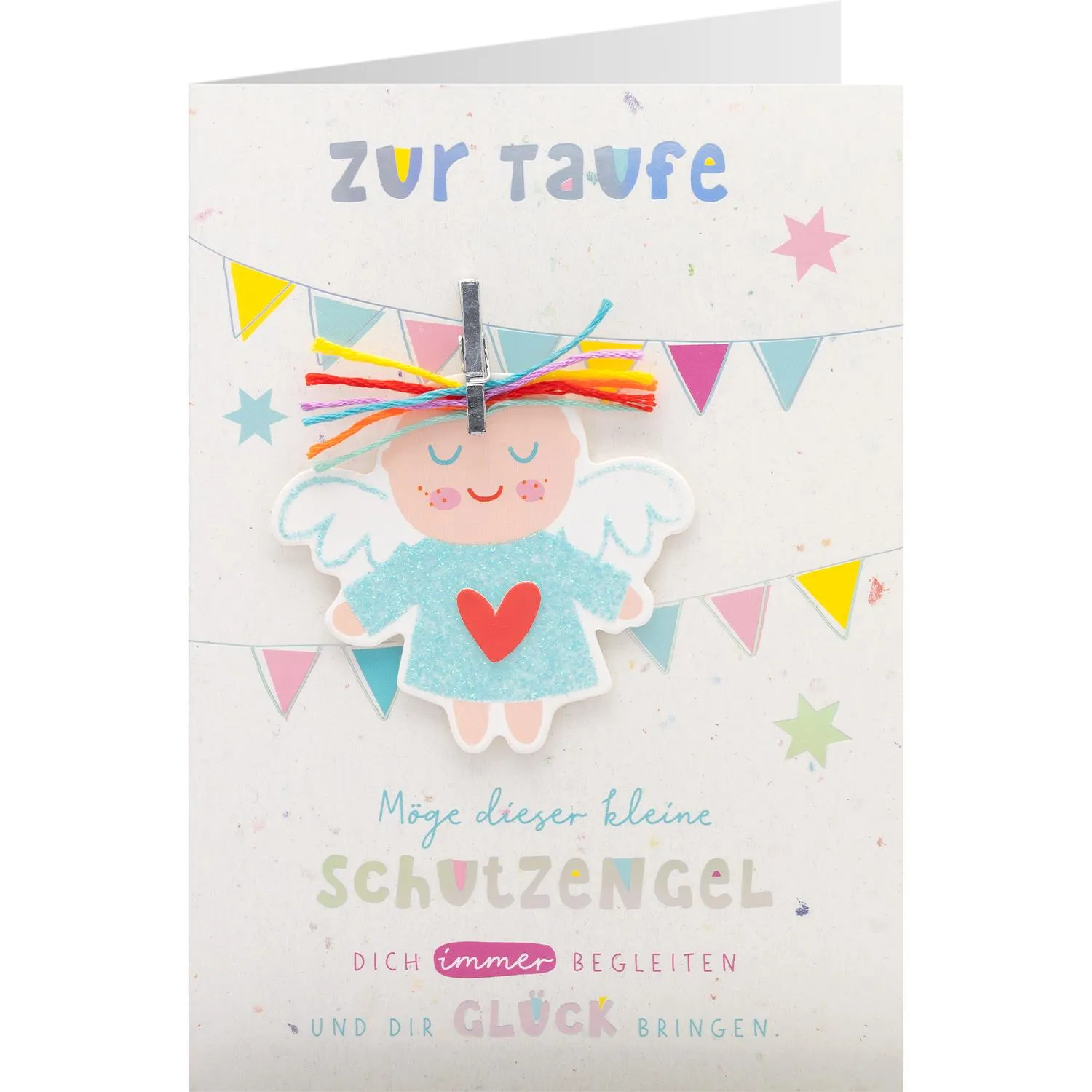 Pastellfarbene Taufe-Grußkarte mit Schutzengel-Anhänger