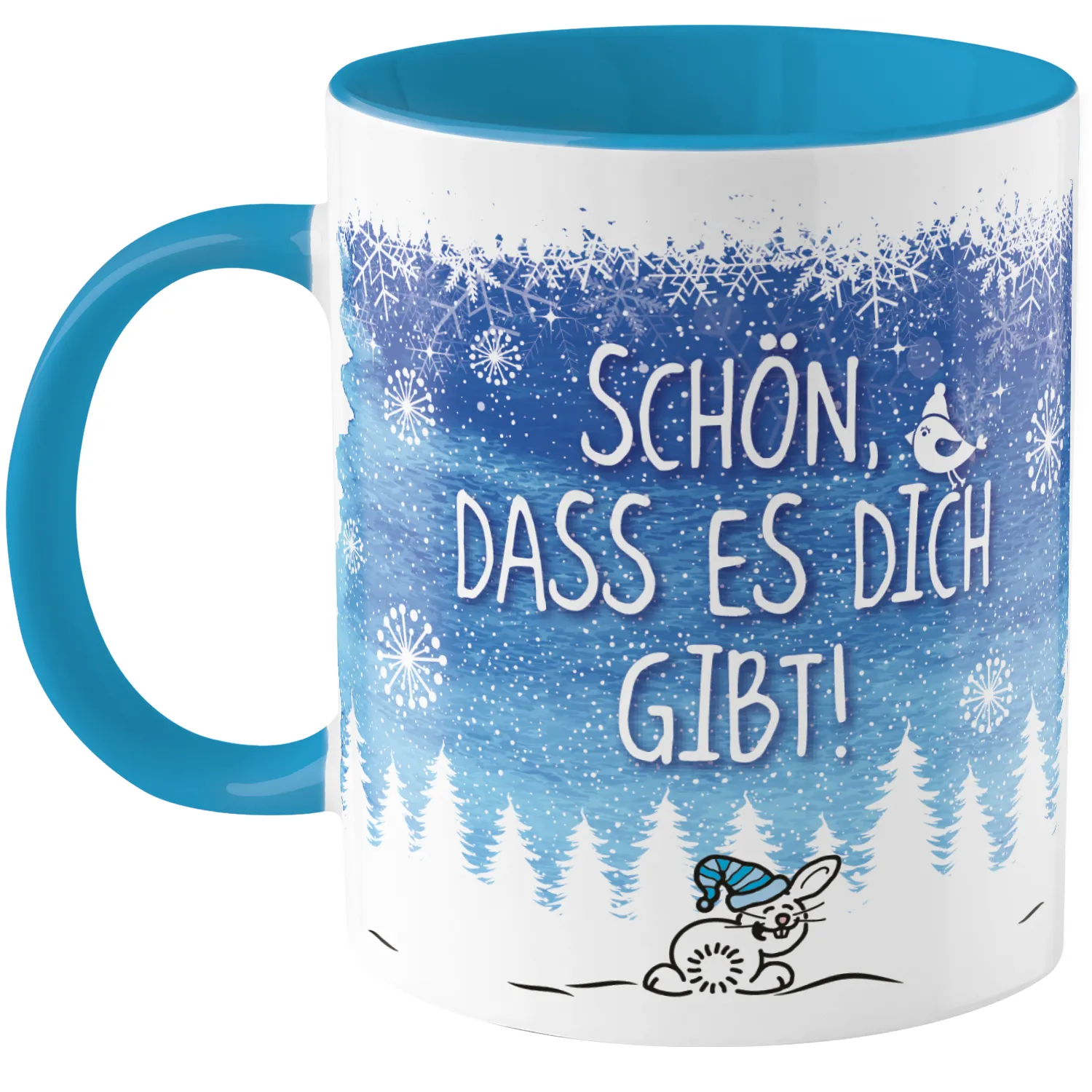 Personalisierte Wintertasse mit blauem Innenraum und Schneeflocken-Motiv