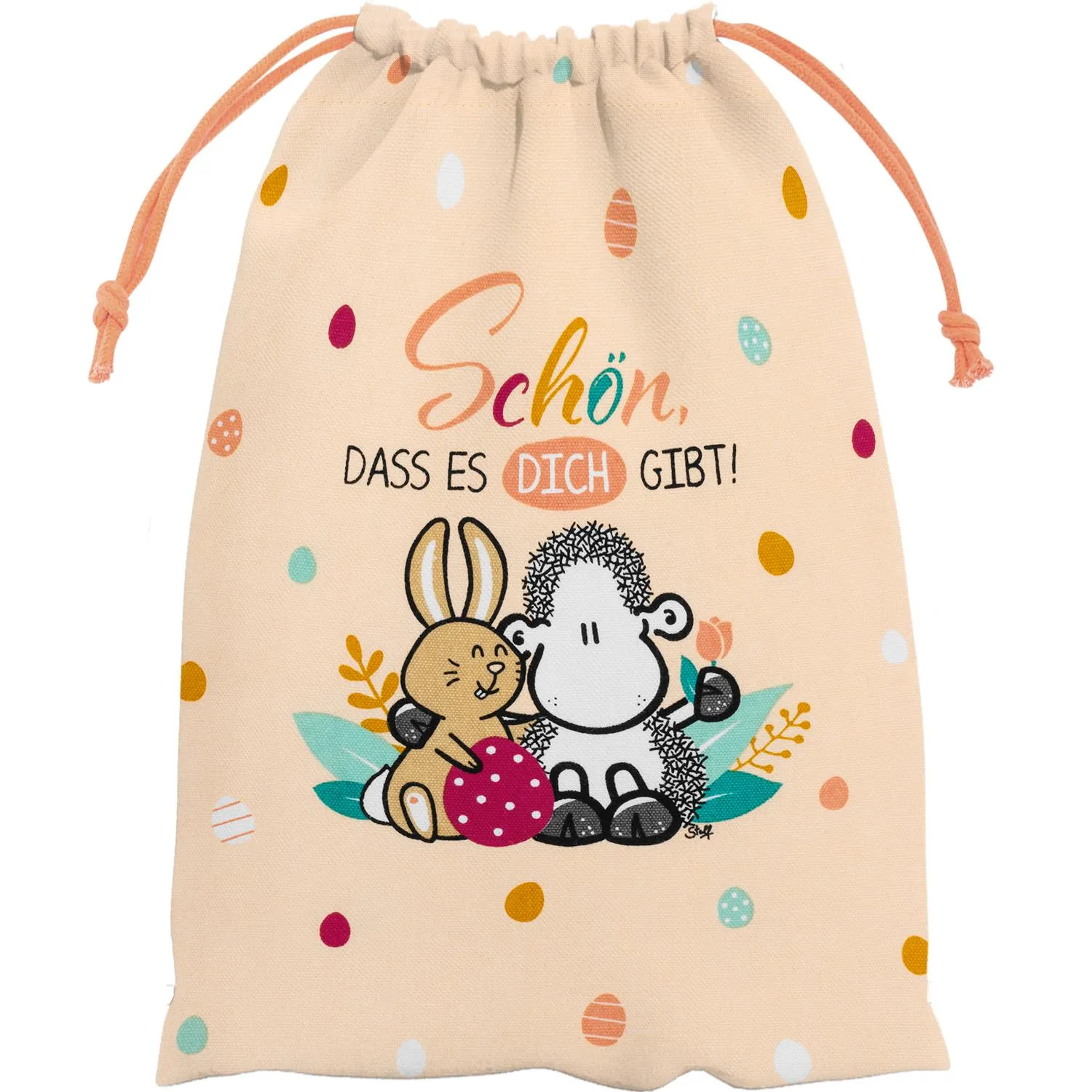 Beiger Geschenkbeutel mit Hasen- und Affen-Motiv und bunten Ostereiern, orangefarbenes Zugband.