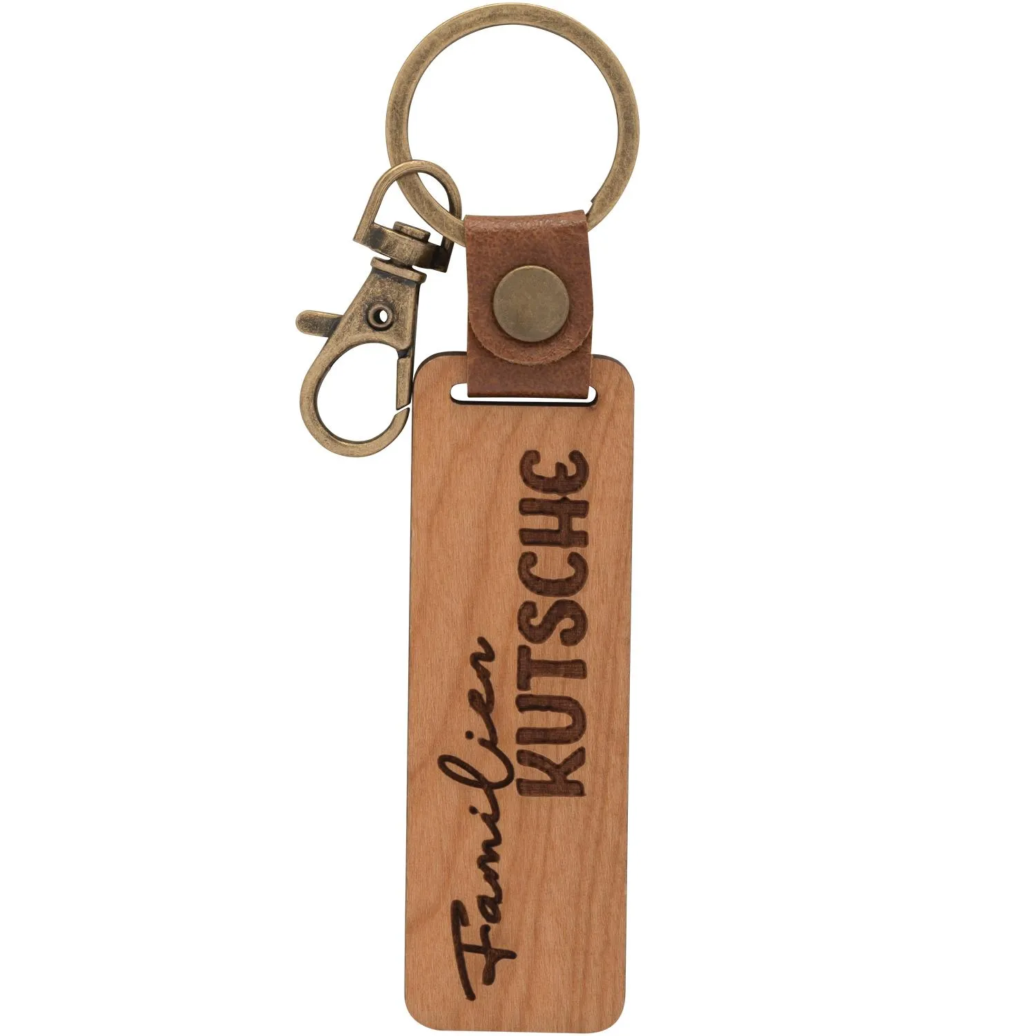 Schlüsselanhänger aus Kirschholz mit graviertem Schriftzug »Familienkutsche«, Lederband und Messingbeschlägen