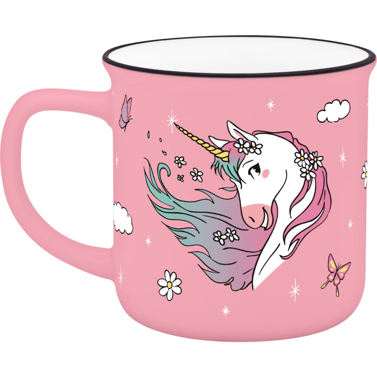 Rosa Becher mit Einhorn-Motiv und Blumenkranz im Pastelllook.