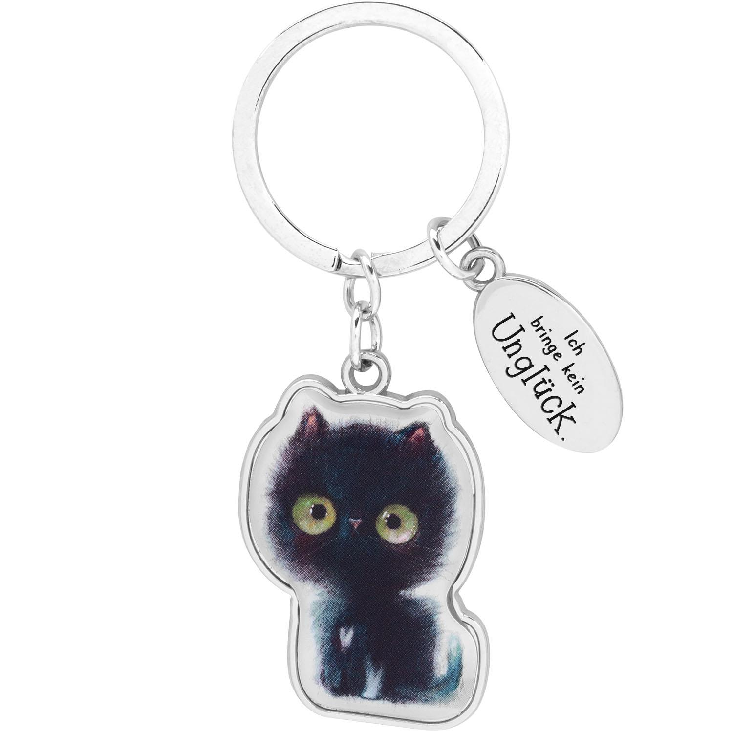 Schlüsselanhänger mit schwarzer Katze und Text-Charm 'Ich bringe kein Unglück'.