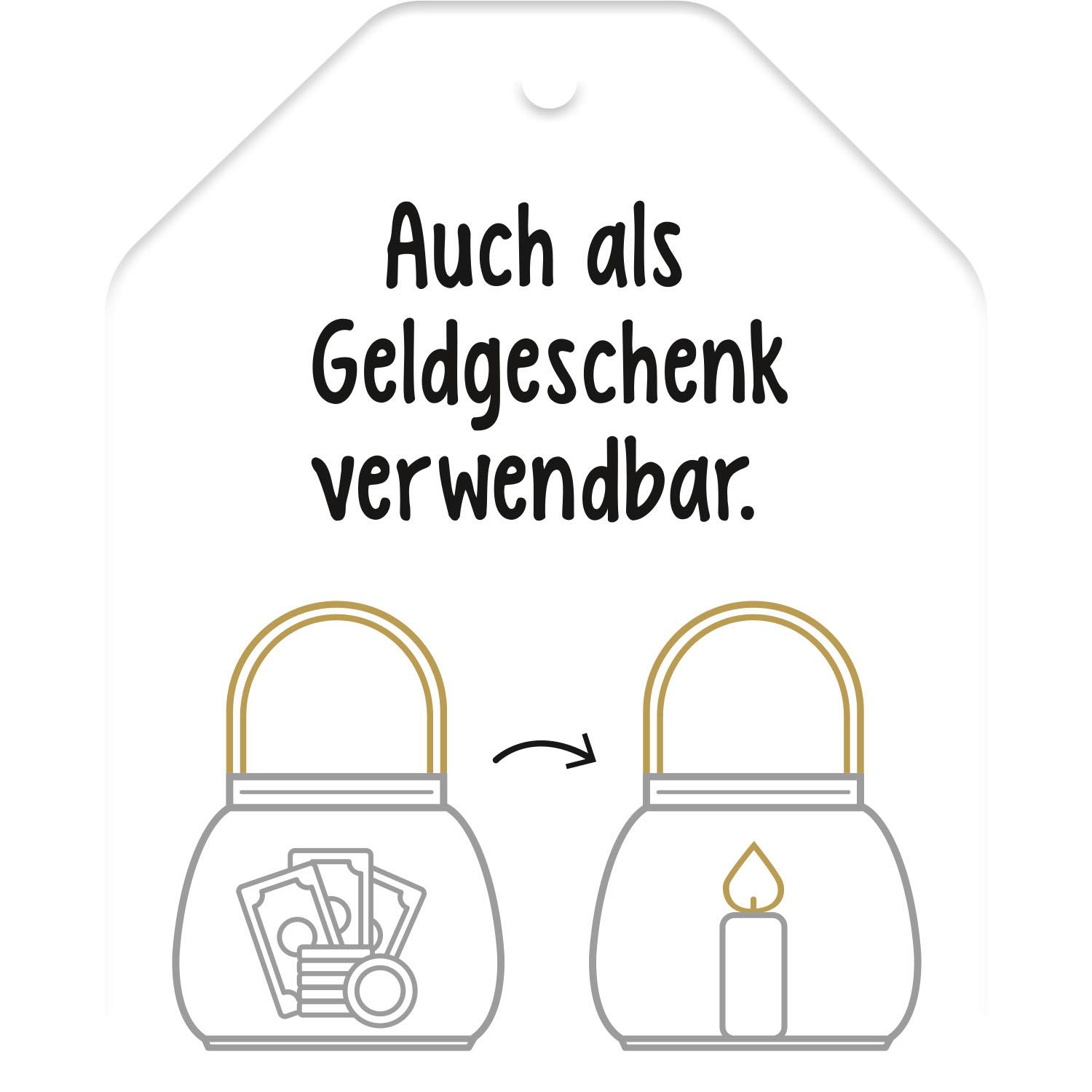 Windlicht aus Glas mit Bast-Tragegriff, Golddruck und Mr & Mrs-Motiv – romantische Hochzeitsdekoration.