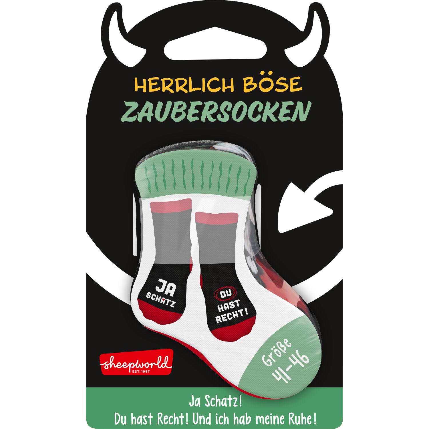 Paar Zaubersocken »Ja Schatz« mit Textbotschaften auf weißer Socke, Verpackung mit Teufelshörnern