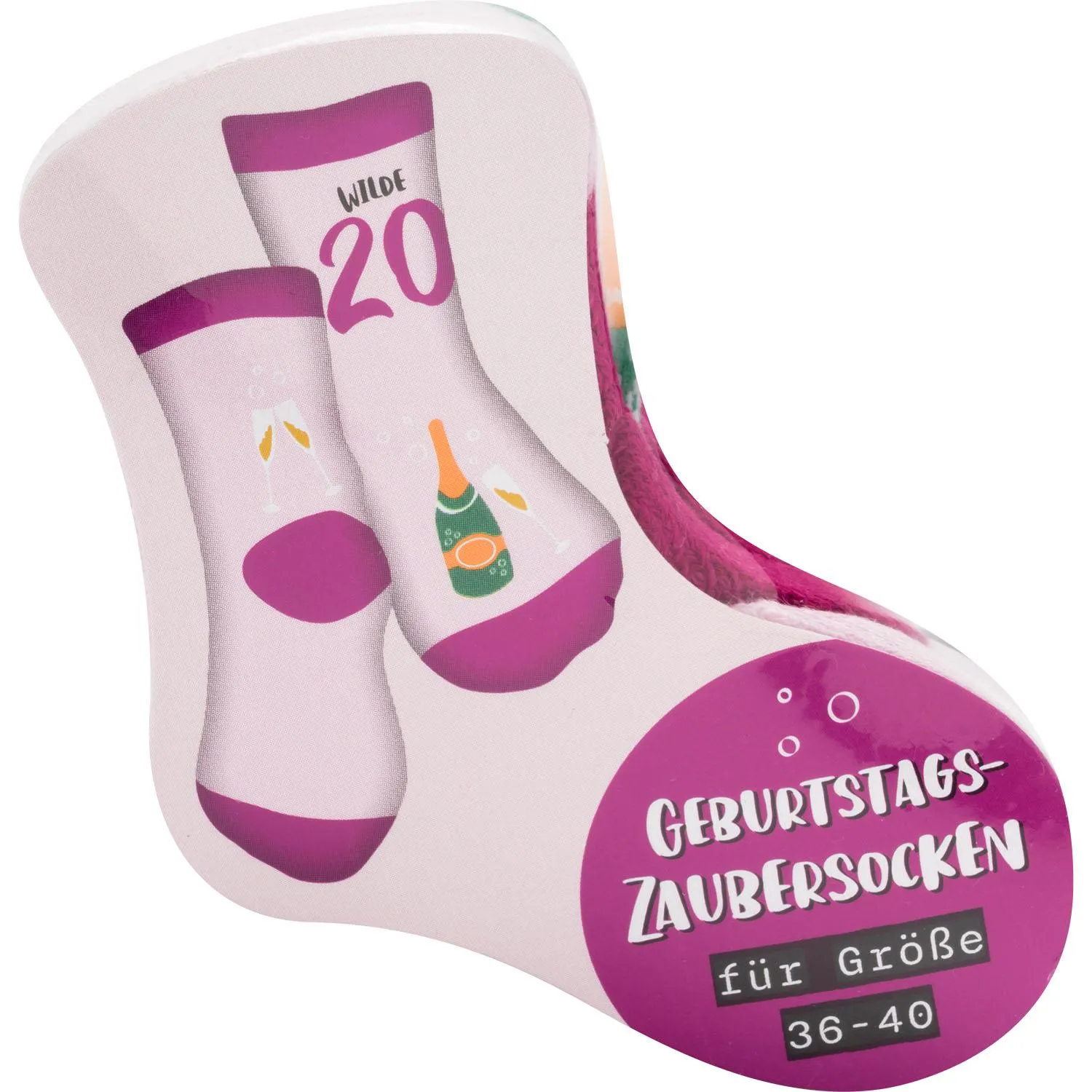Rosa Geburtstags-Zaubersocken mit Champagner-Gläsern und der Zahl 20, Größe 36-40
