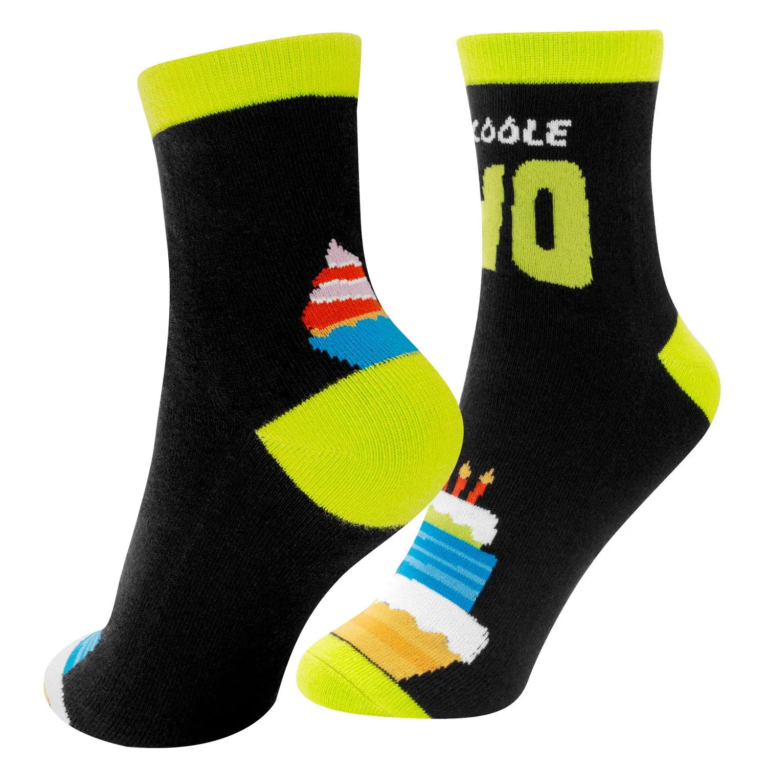 Schwarze Socken mit neon-grünen Akzenten und Kuchenmotiven – 1 Paar Größe 41-46